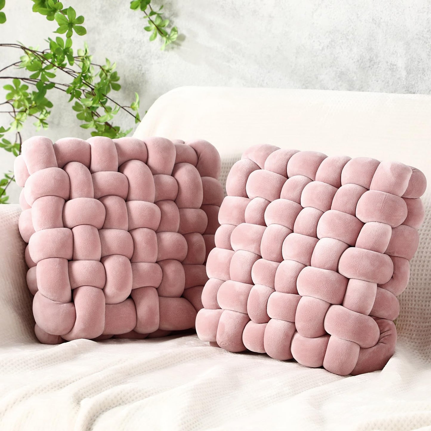 Wenqik 2 Pcs Knot Pillows Square Knotted Plush Throws Soft Accent Pillows Decoration Cushion for Couch Home Office Living Room Bedroom Bed Sofa Decor, 12'' x 13''(Caramel,Crystal Velvet)