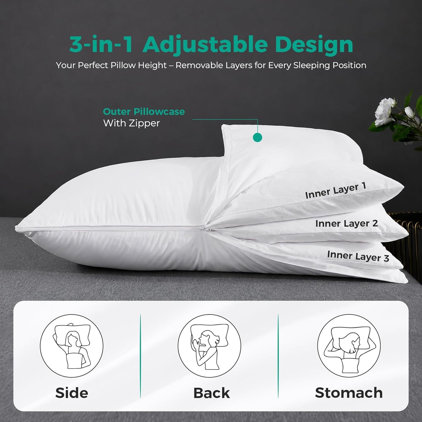 Three Geese Adjustable Layer Goose Feather Pillow,Assembled Bed Pillow, Soft Cotton Cover,Good for Side and Back Stomach Sleeper, Standard/Queen Size,Packaging Include 1 Pillow