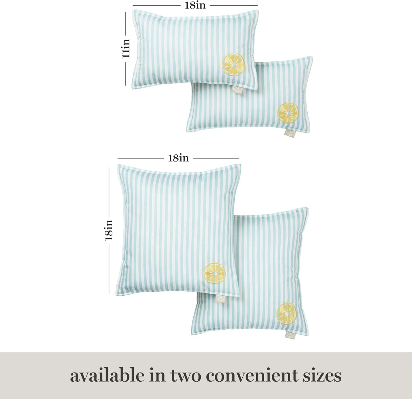 Martha Stewart Spring May Embroidered Lemon Indoor Outdoor Decorative Pillow 2-Pack Set, UV Fade Resistant, Water Repellent, Printed Stripe Design, Aqua Blue/Yellow, 18"x18"