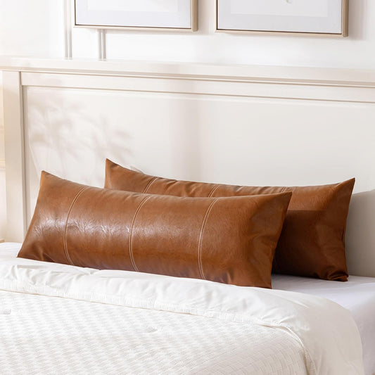 Fancy Homi 2 Packs Brown Boho Long Lumbar Faux Leather Body Decorative Throw Pillow Cover 14x36 Inch for Bedroom Couch Bed Bench, Hand Stitched Stylish Pillowcase, Rustic Modern Farmhouse Room Decor