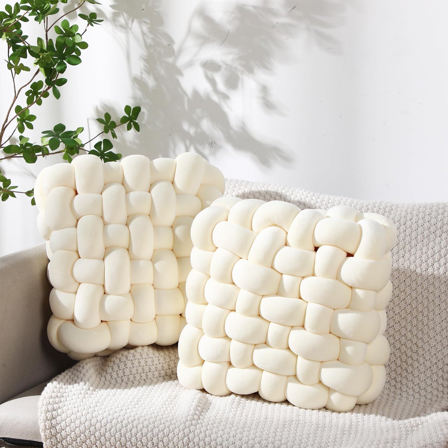 Wenqik 2 Pcs Knot Pillows Square Knotted Plush Throws Soft Accent Pillows Decoration Cushion for Couch Home Office Living Room Bedroom Bed Sofa Decor, 12'' x 13''(Caramel,Crystal Velvet)