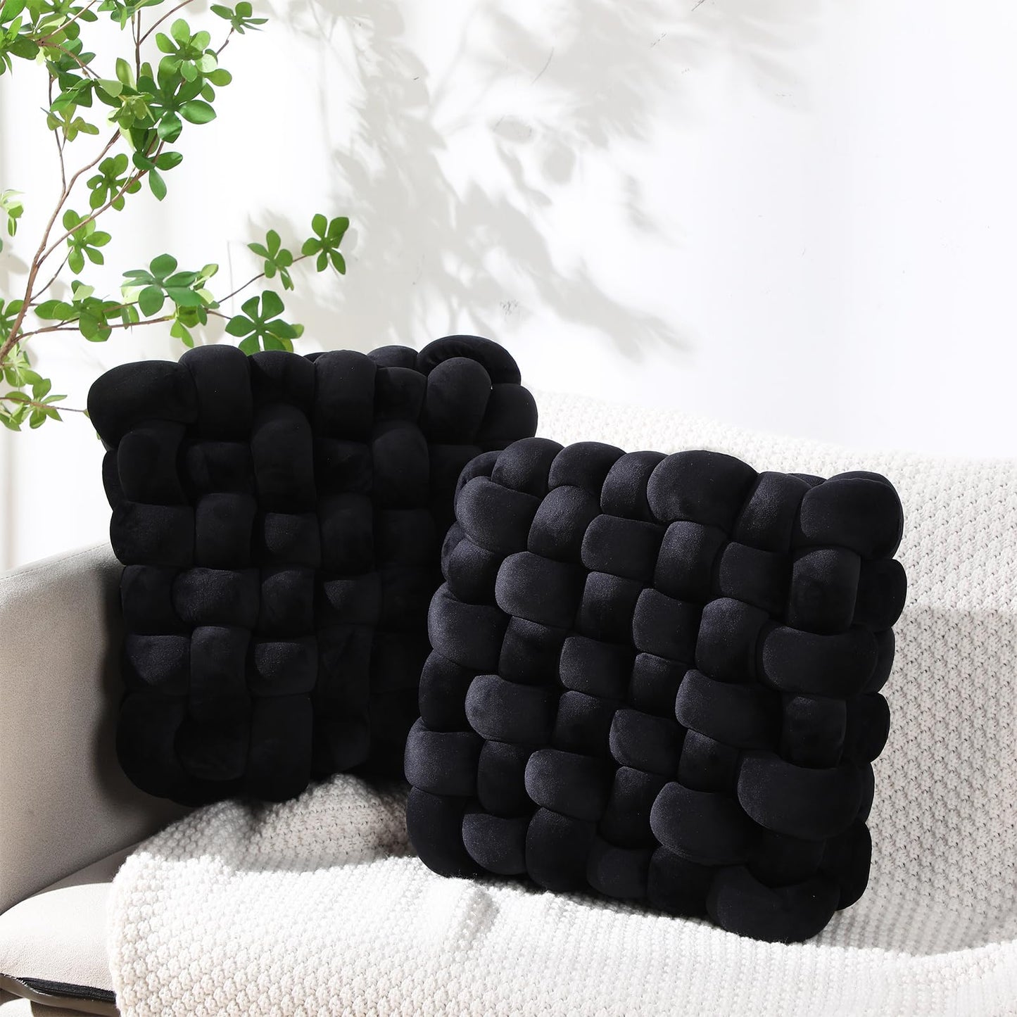 Wenqik 2 Pcs Knot Pillows Square Knotted Plush Throws Soft Accent Pillows Decoration Cushion for Couch Home Office Living Room Bedroom Bed Sofa Decor, 12'' x 13''(Caramel,Crystal Velvet)