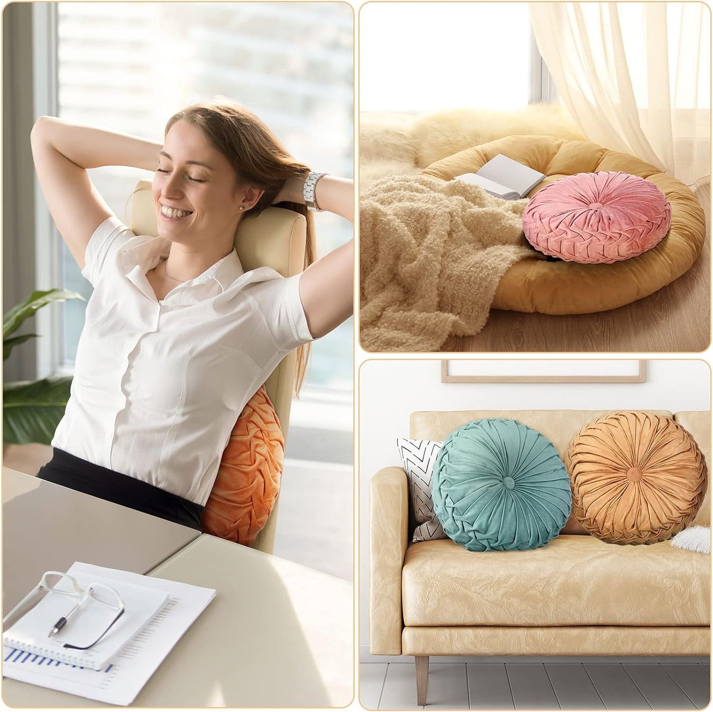Kathfly Decorative Round Pleated Throw Pillows, Classy Velvet Pumpkin Round Throw Pillows, Decorative Floor Pillow for Bed Chair Home Sofa Decor, 14" Diameter(Orange, Yellow, Pink, Green,4 Pcs)
