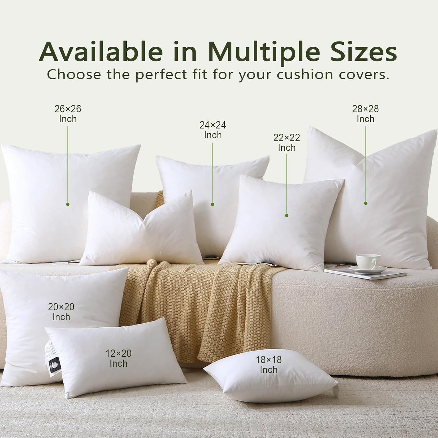 DWR Set of 2 Feather Down Throw Pillow Inserts 28x28 with Organic Cotton Cover, Feather Square White Decorative Pillow Inserts for Bed, Sofa, and Couch