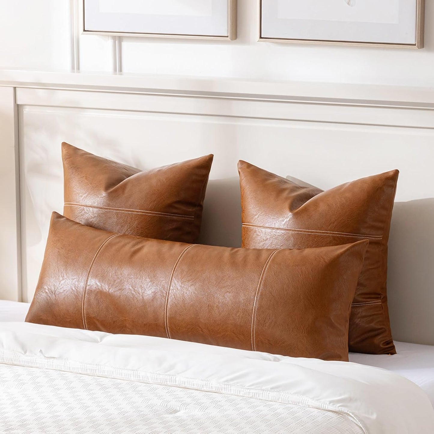 Fancy Homi 2 Packs Brown Boho Long Lumbar Faux Leather Body Decorative Throw Pillow Cover 14x36 Inch for Bedroom Couch Bed Bench, Hand Stitched Stylish Pillowcase, Rustic Modern Farmhouse Room Decor