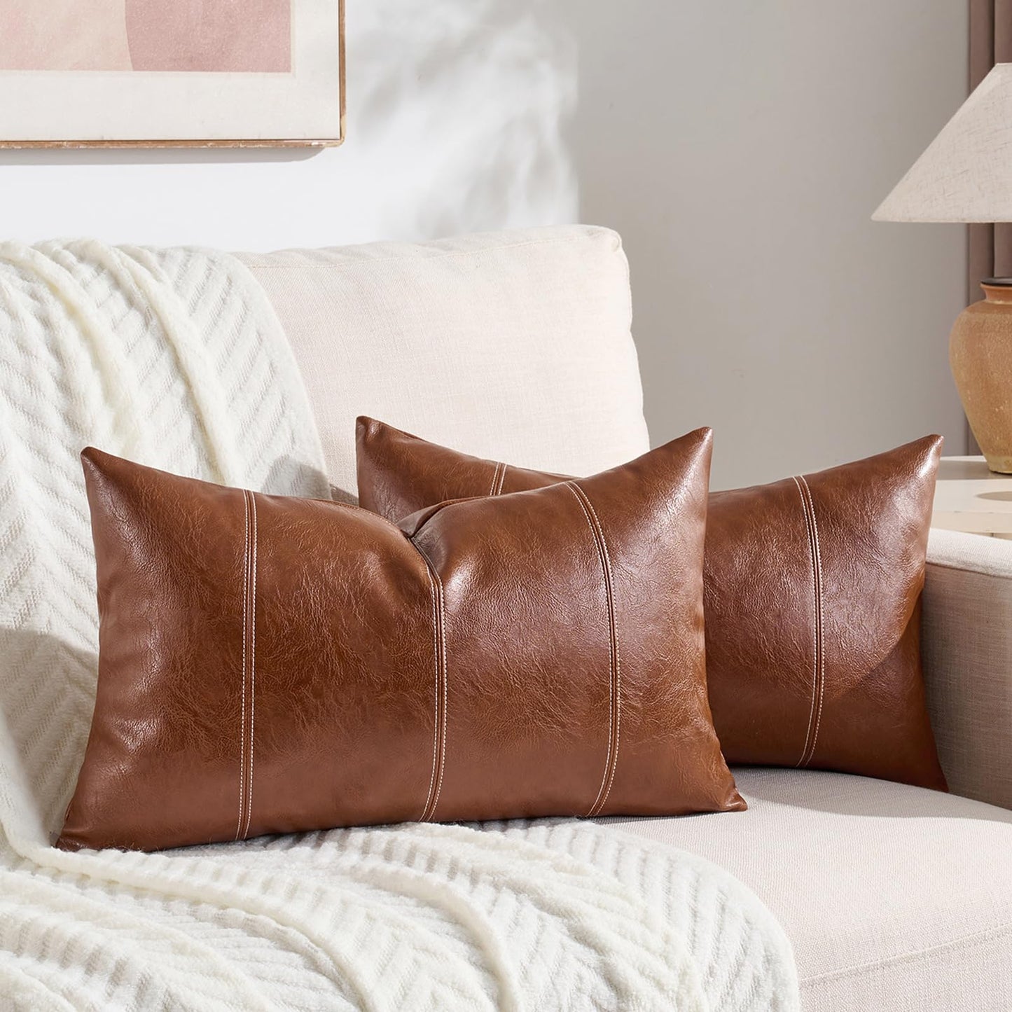 Fancy Homi 2 Packs Brown Boho Long Lumbar Faux Leather Body Decorative Throw Pillow Cover 14x36 Inch for Bedroom Couch Bed Bench, Hand Stitched Stylish Pillowcase, Rustic Modern Farmhouse Room Decor