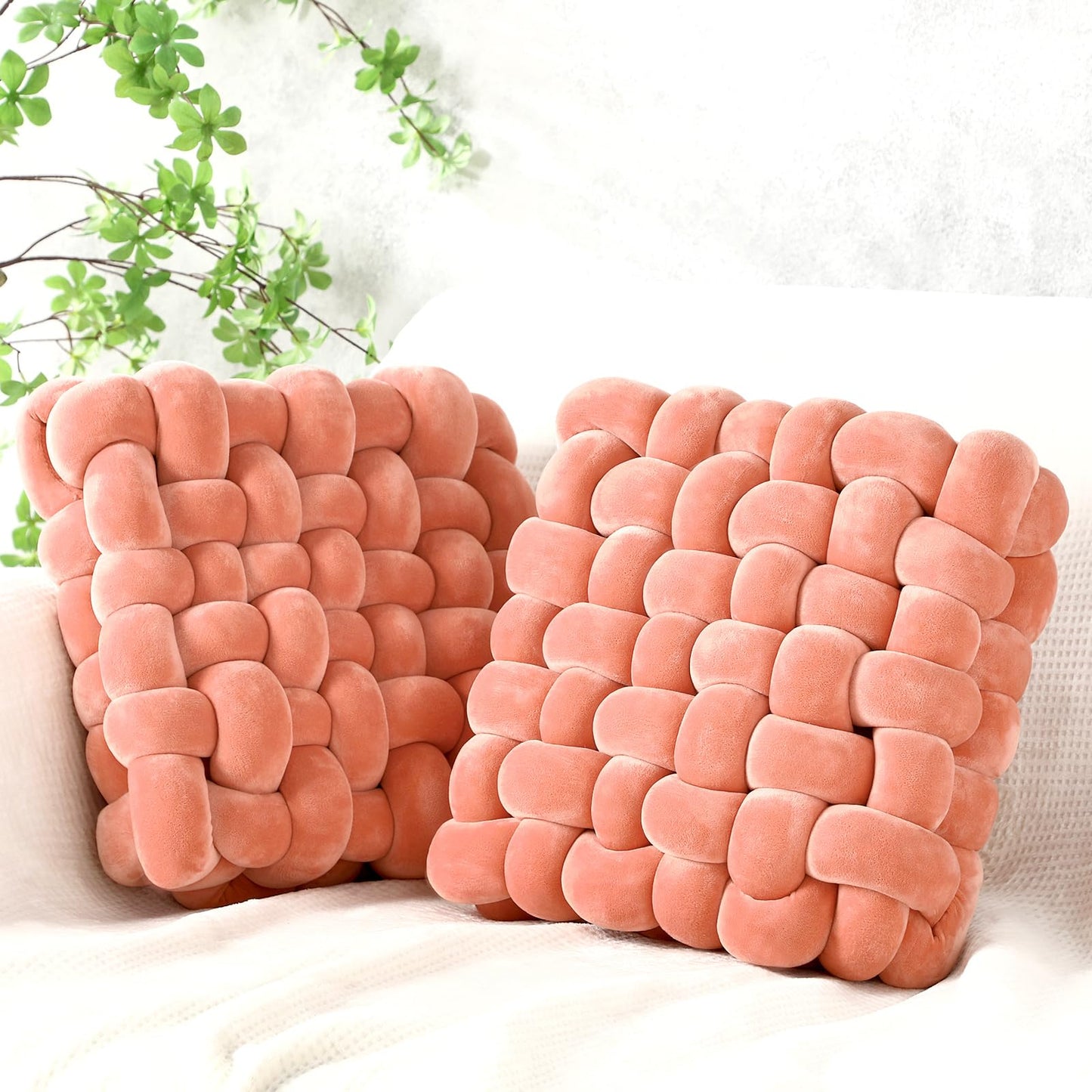 Wenqik 2 Pcs Knot Pillows Square Knotted Plush Throws Soft Accent Pillows Decoration Cushion for Couch Home Office Living Room Bedroom Bed Sofa Decor, 12'' x 13''(Caramel,Crystal Velvet)