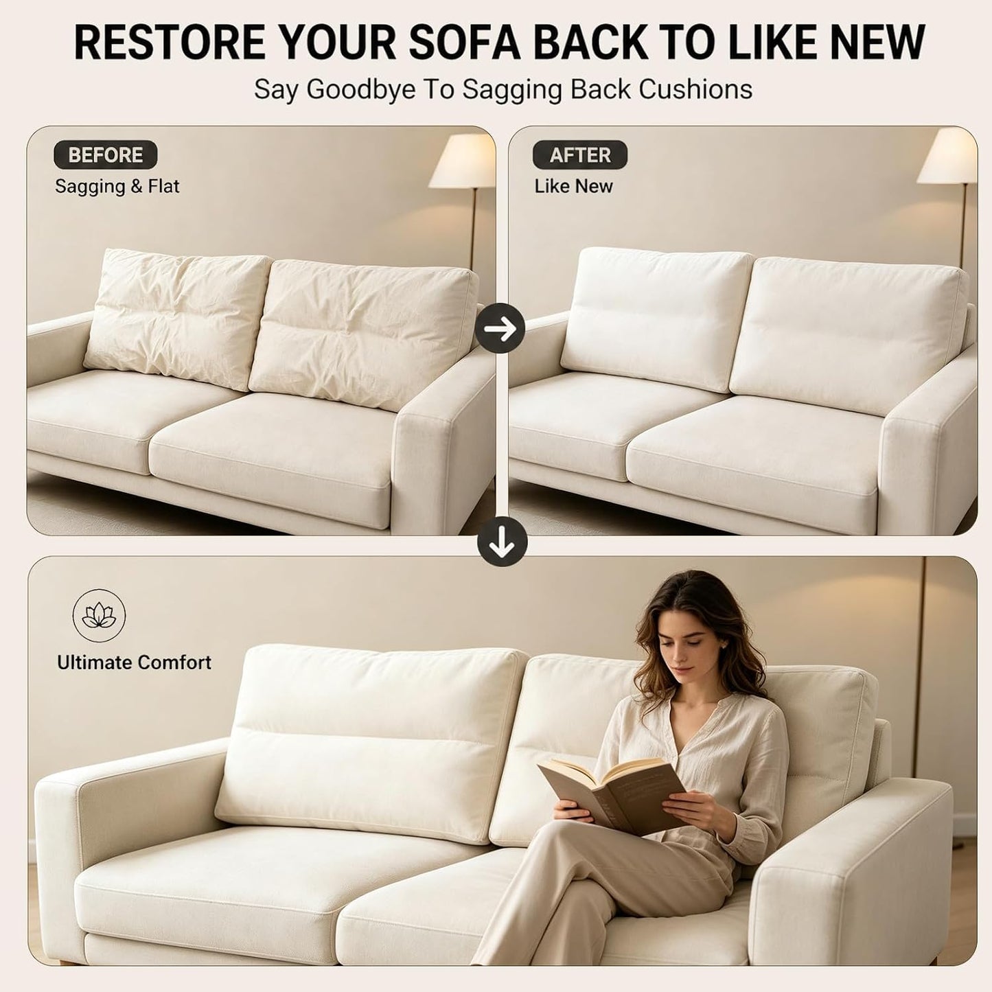 3 Pack Couch Back Cushion Replacement, 6 Inch Thick Supportive Sofa Backrest Pillow Insert with Odorless Shredded Memory Foam for Couch, Loveseats, Sectionals, 28"x18"x6"
