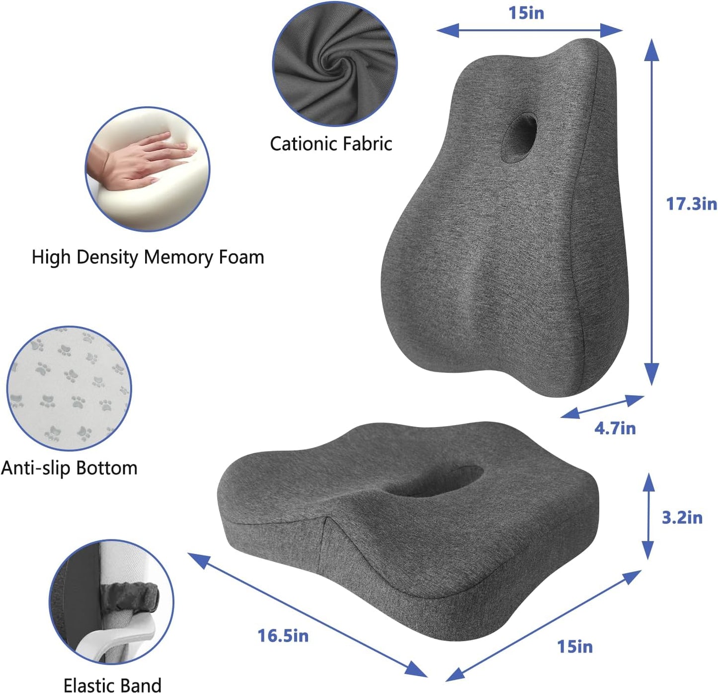 Seat Cushion & Lumbar Support Pillow Set for Office Chair, Ergonomic Pillow for Sciatica Pain Relief, Memory Foam Back Support Pillow & Chair Cushion for Car seat, Desk Chair (Grey)