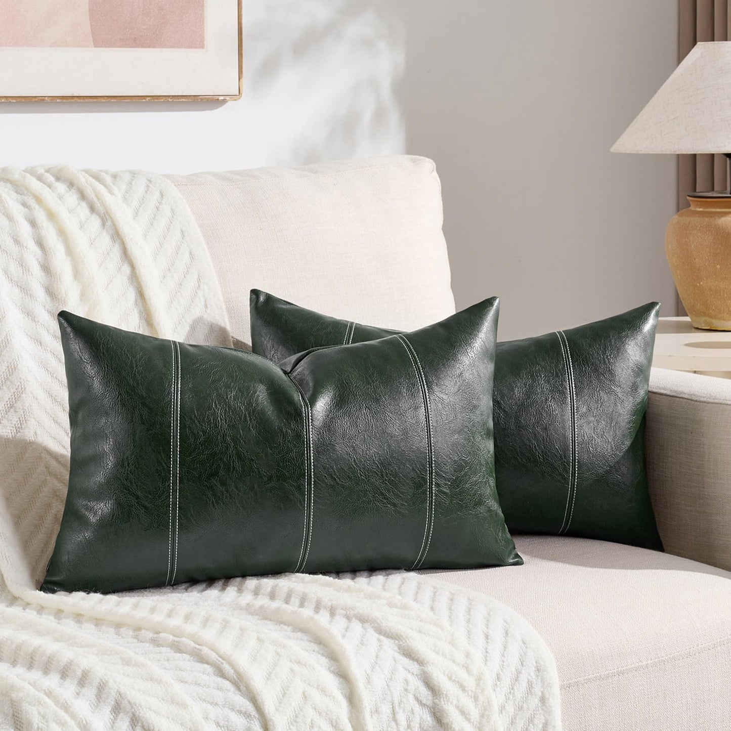 Fancy Homi 2 Packs Brown Boho Long Lumbar Faux Leather Body Decorative Throw Pillow Cover 14x36 Inch for Bedroom Couch Bed Bench, Hand Stitched Stylish Pillowcase, Rustic Modern Farmhouse Room Decor