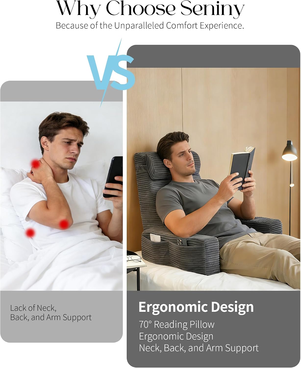 Seniny Reading Pillow for Bed Adult - 24" Back Support Pillow for Sitting Up Rest, Husband Bed Chair and Backrest Pillow with Arms, Lounge Sit Up Pillows for Dorm, Corner, Couch, Study, Watching TV
