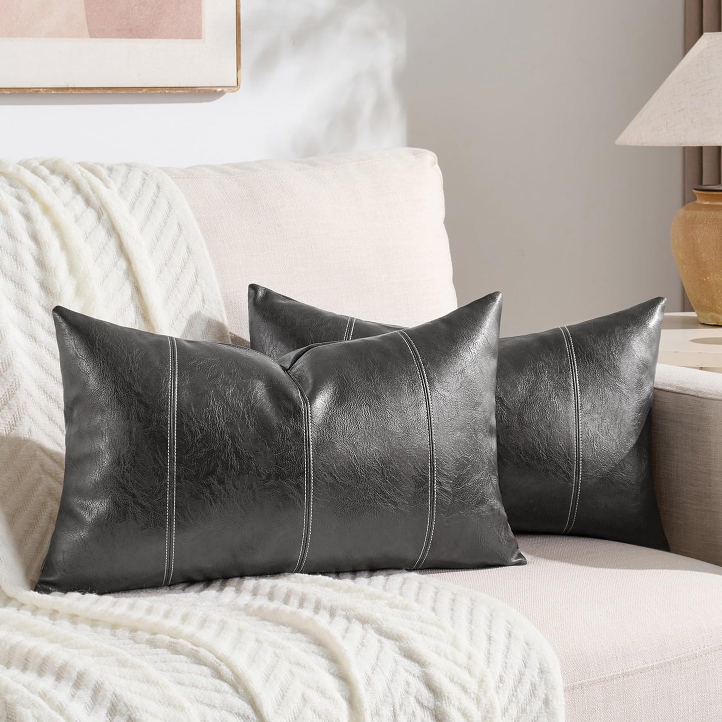 Fancy Homi 2 Packs Brown Boho Long Lumbar Faux Leather Body Decorative Throw Pillow Cover 14x36 Inch for Bedroom Couch Bed Bench, Hand Stitched Stylish Pillowcase, Rustic Modern Farmhouse Room Decor