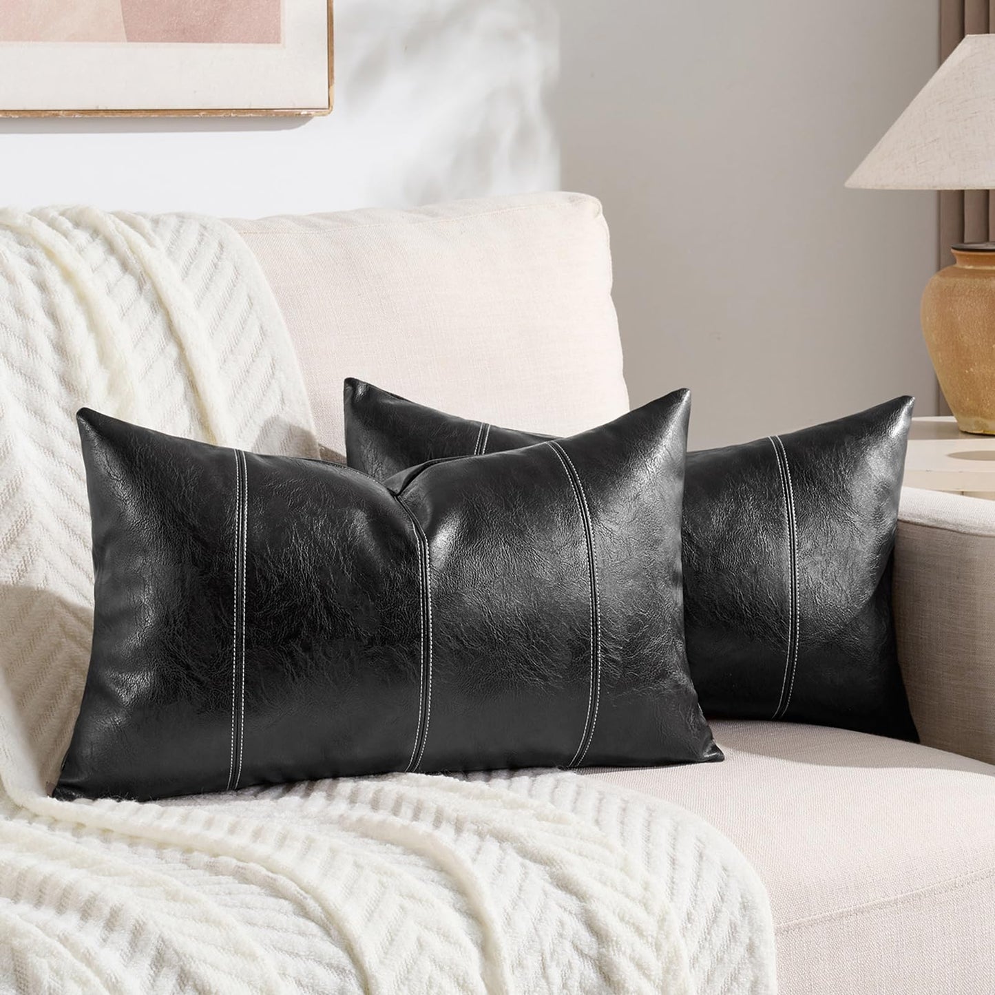 Fancy Homi 2 Packs Brown Boho Long Lumbar Faux Leather Body Decorative Throw Pillow Cover 14x36 Inch for Bedroom Couch Bed Bench, Hand Stitched Stylish Pillowcase, Rustic Modern Farmhouse Room Decor