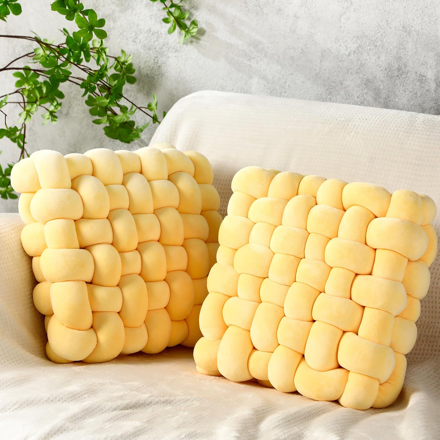 Wenqik 2 Pcs Knot Pillows Square Knotted Plush Throws Soft Accent Pillows Decoration Cushion for Couch Home Office Living Room Bedroom Bed Sofa Decor, 12'' x 13''(Caramel,Crystal Velvet)