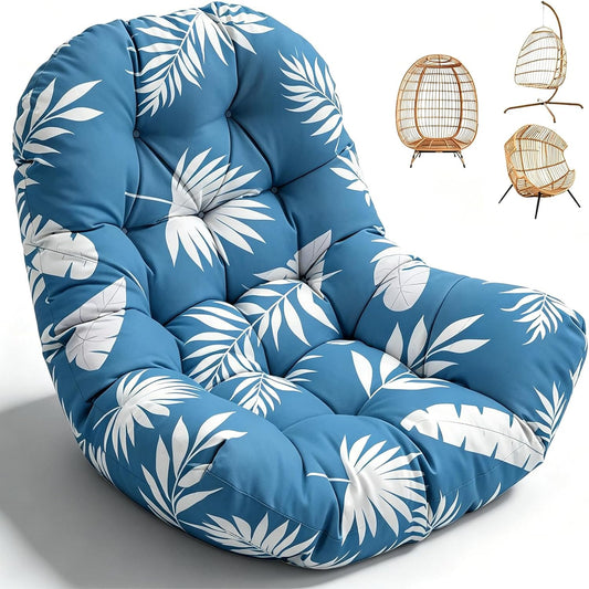 Waterproof Egg Chair Cushion Replacement Outdoor Hanging Egg Couch Cushion 47x35x7 Inches Thicken Chair Cushions with Ties, Blue Leaf