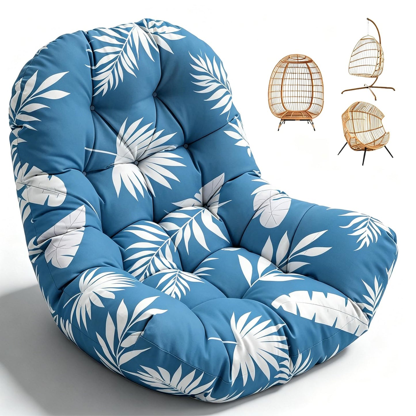 Waterproof Egg Chair Cushion Replacement Outdoor Hanging Egg Couch Cushion 47x35x7 Inches Thicken Chair Cushions with Ties, Blue Leaf