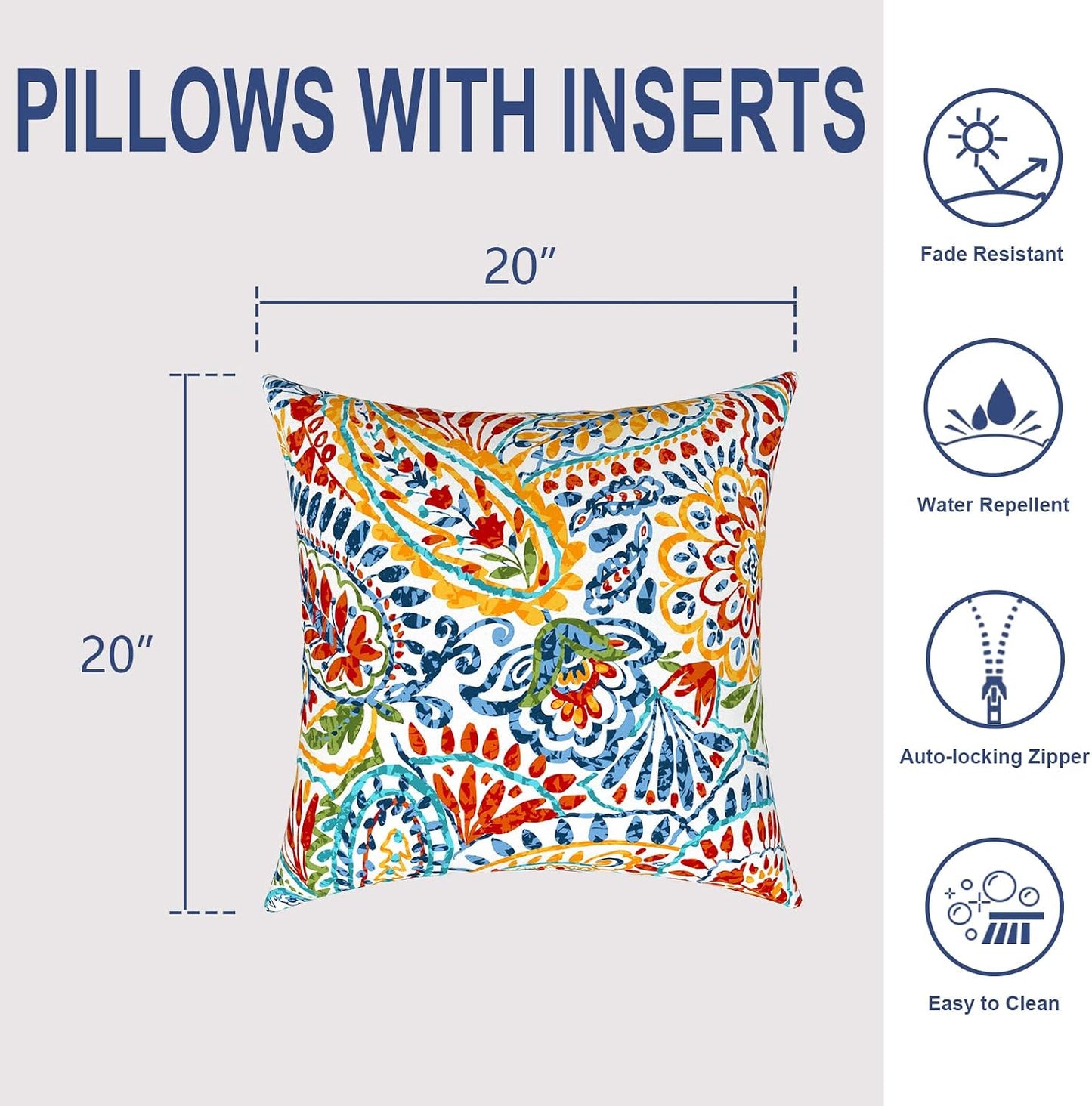 Outdoor 20x20 Inch Throw Pillows with Inners, Square Pillows Decorative Set of 2 for Home Garden Furniture, Paisley Multi