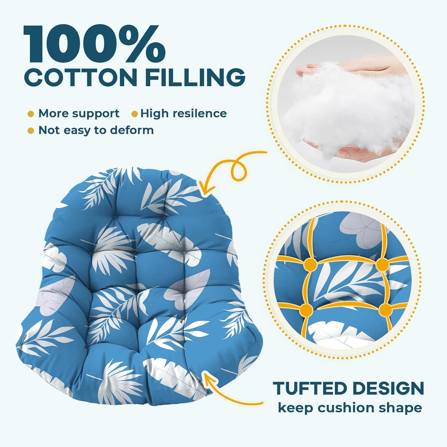 Waterproof Egg Chair Cushion Replacement Outdoor Hanging Egg Couch Cushion 47x35x7 Inches Thicken Chair Cushions with Ties, Blue Leaf