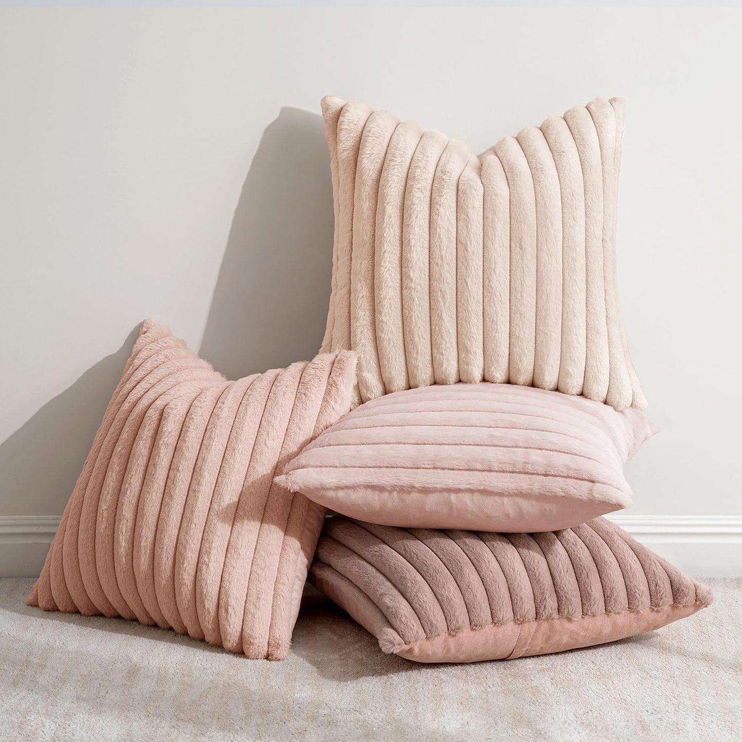 MIULEE Faux Fur Plush Decorative Throw Pillow Covers 18x18 Set of 4, Valentine's Day Cute Modern Soft Romantic Fuzzy Striped Cushion Covers for Sofa Couch Bed Living Room Cozy Home Decor,Pink
