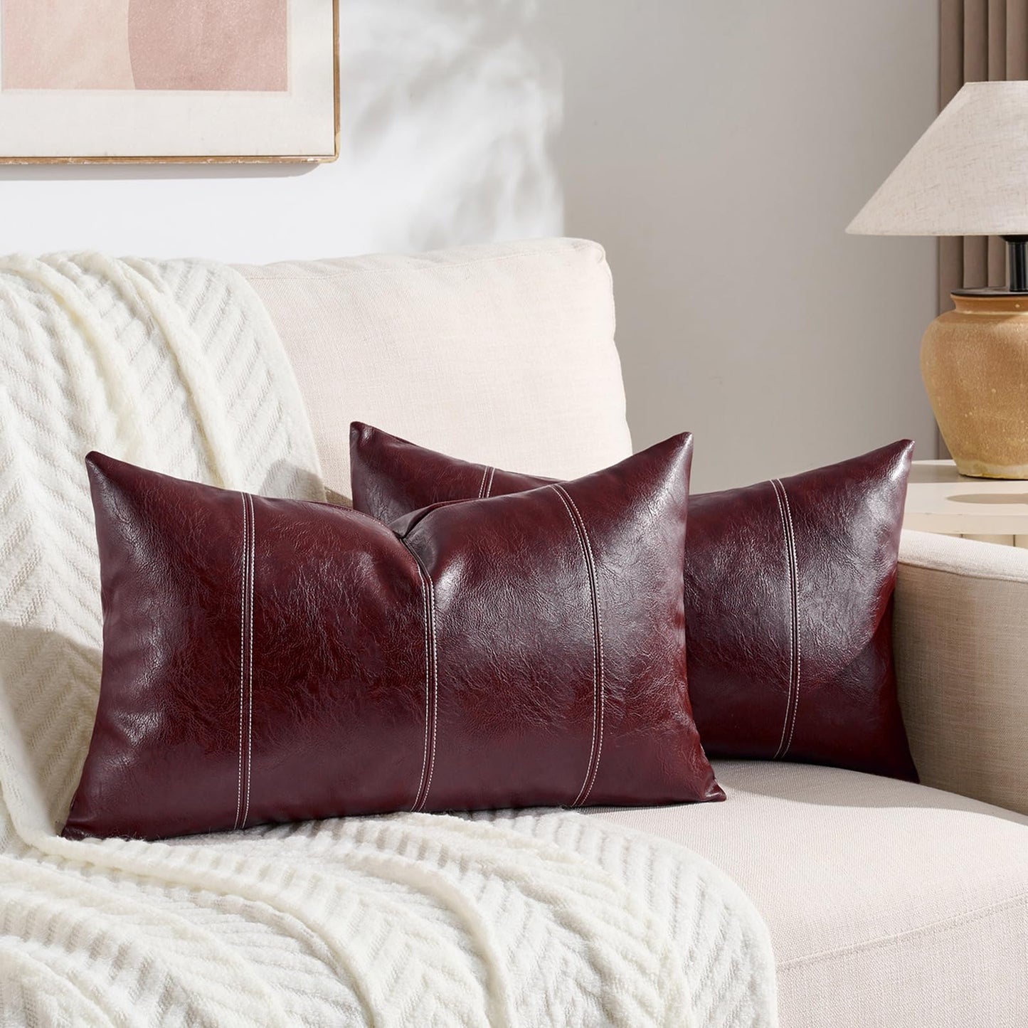 Fancy Homi 2 Packs Brown Boho Long Lumbar Faux Leather Body Decorative Throw Pillow Cover 14x36 Inch for Bedroom Couch Bed Bench, Hand Stitched Stylish Pillowcase, Rustic Modern Farmhouse Room Decor