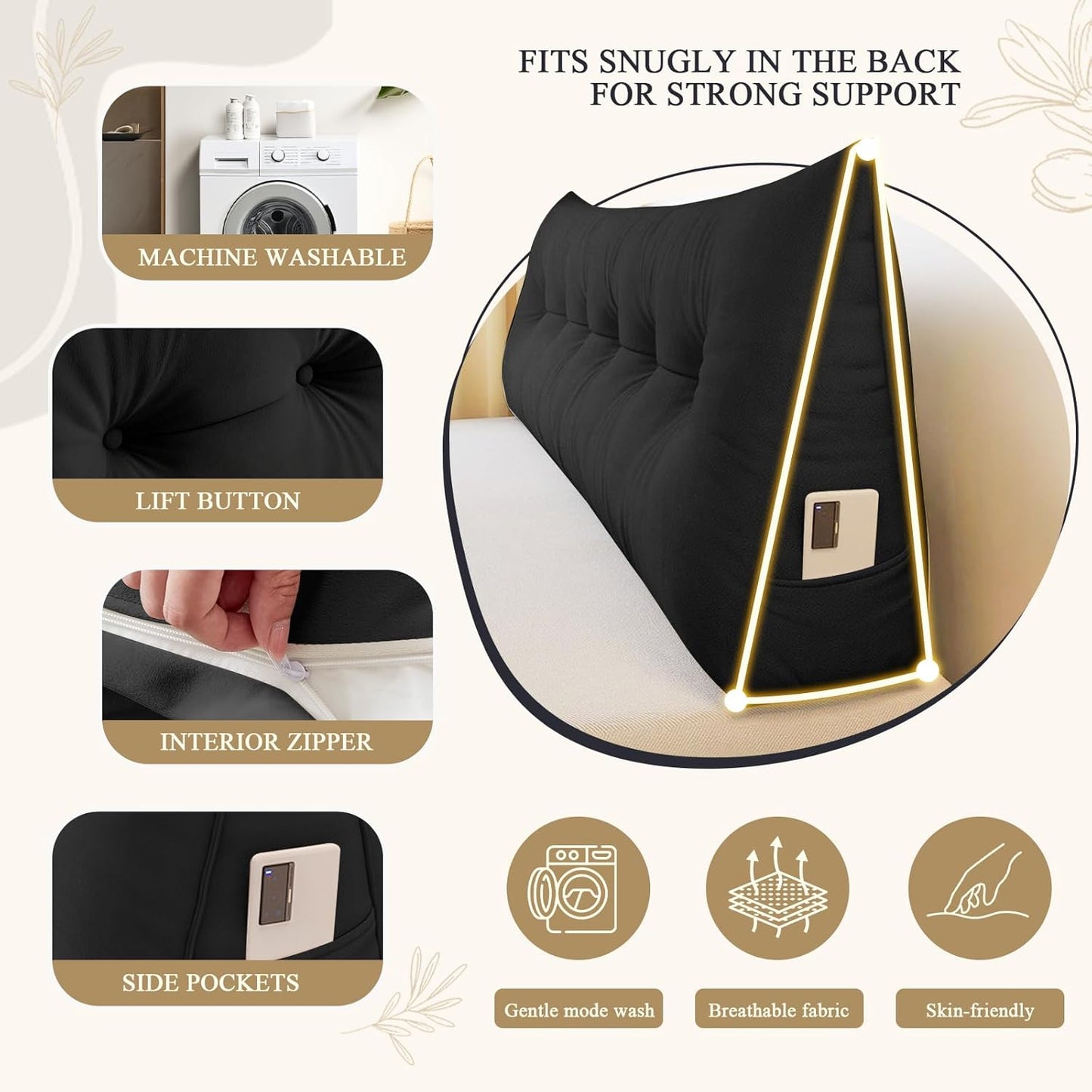 Triangular Wedge Reading Support Headboard Pillow with Removable Cover