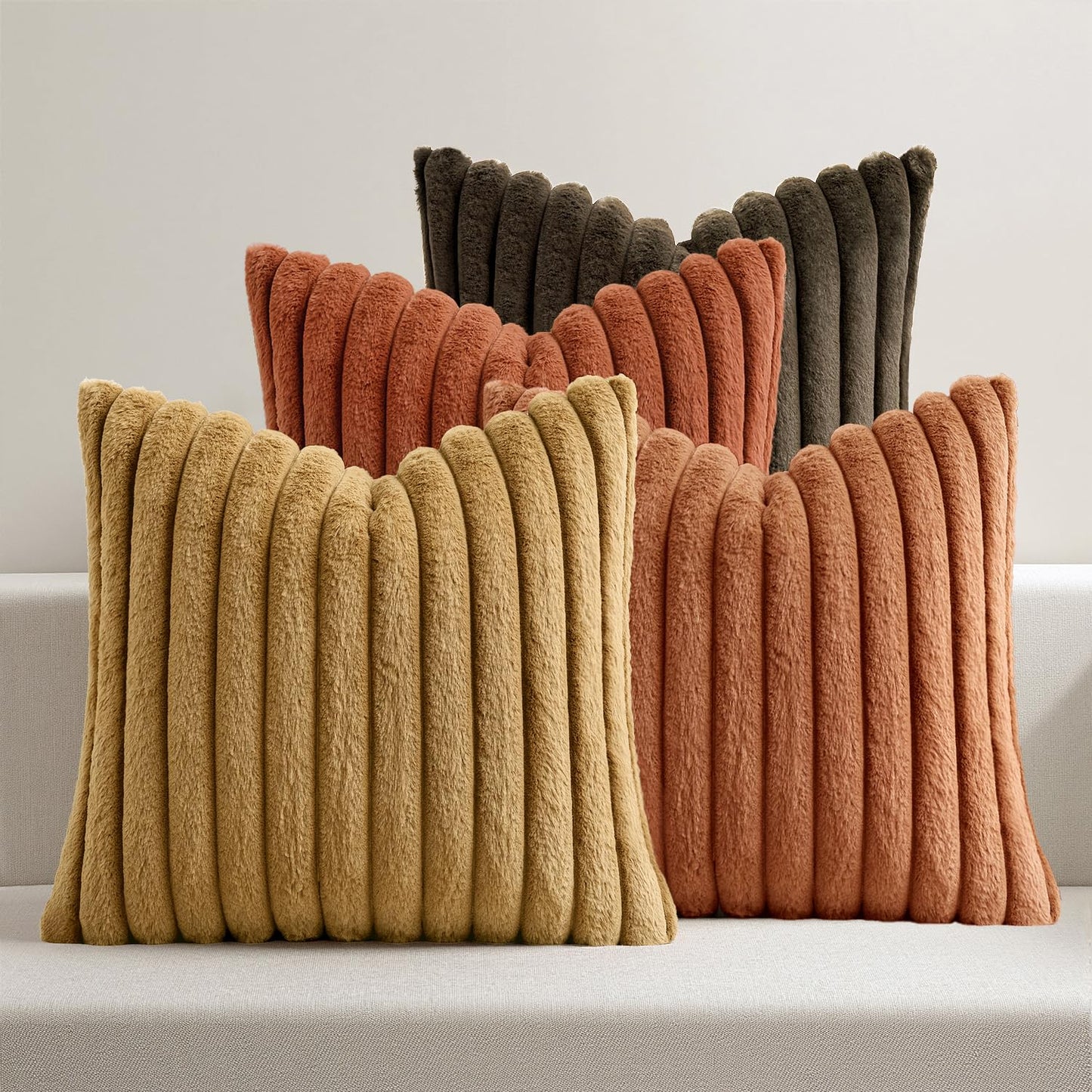 MIULEE Faux Fur Plush Decorative Throw Pillow Covers 18x18 Set of 4, Summer Modern Soft Fuzzy Coastal Striped Cushion Covers for Sofa Couch Bed Living Room Cozy Home Decor,Navy Blue