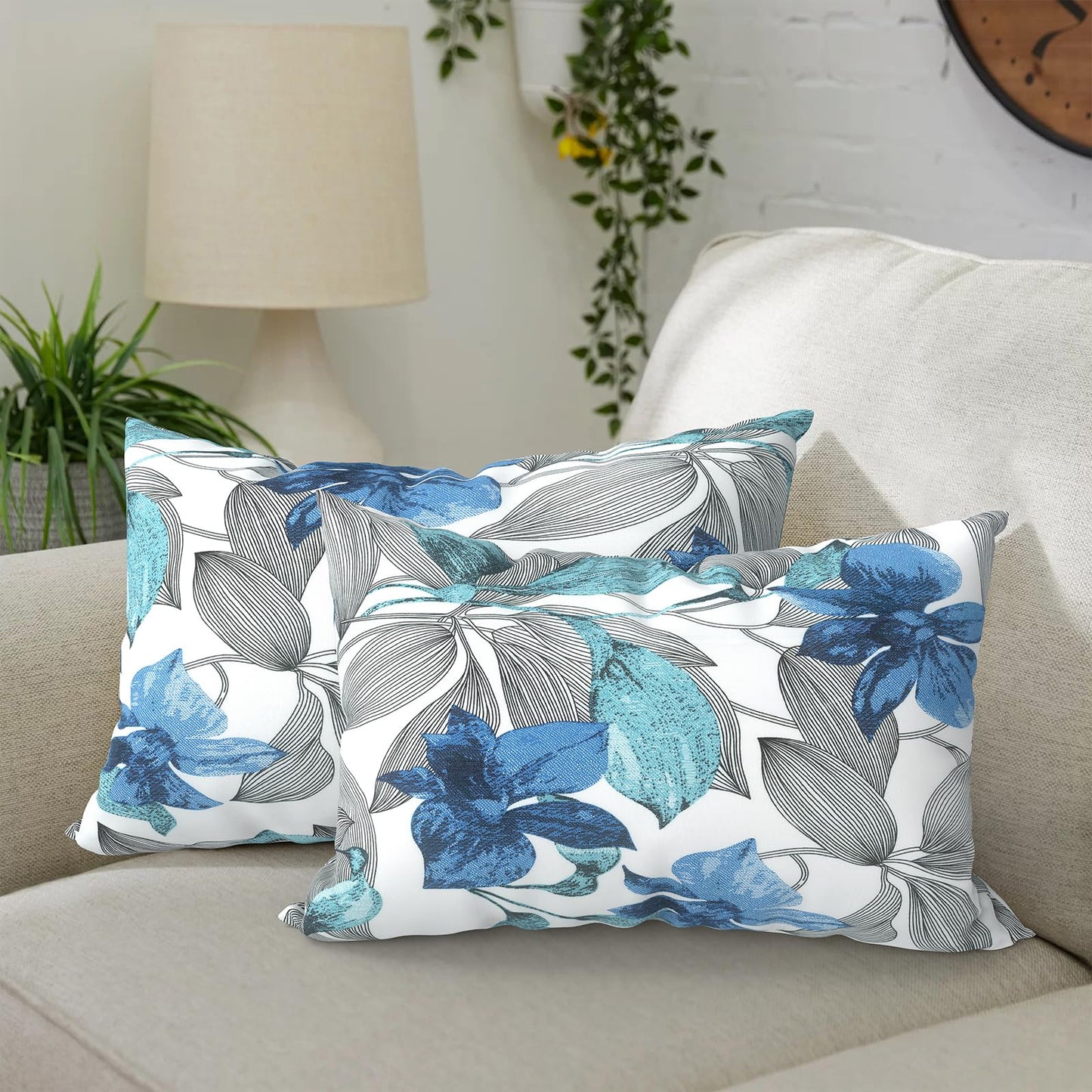 DYTXIII Pack of 2 Waterproof Outdoor Pillow with Inserts, 18x18 Square Patio Decorative Throw Pillow for Home,Sofa,Bench and Patio Furniture,Brush Blue
