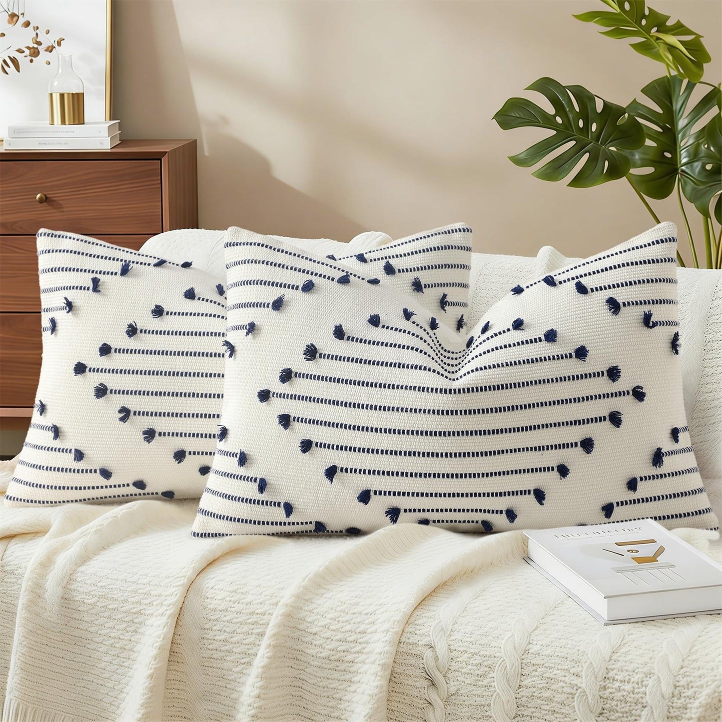 Mecatny Boho Summer Outdoor Throw Pillow Covers 18X18 Set of 2, Farmhouse Decorative Pillow Covers for Couch Sofa Living Room, Navy & Cream White