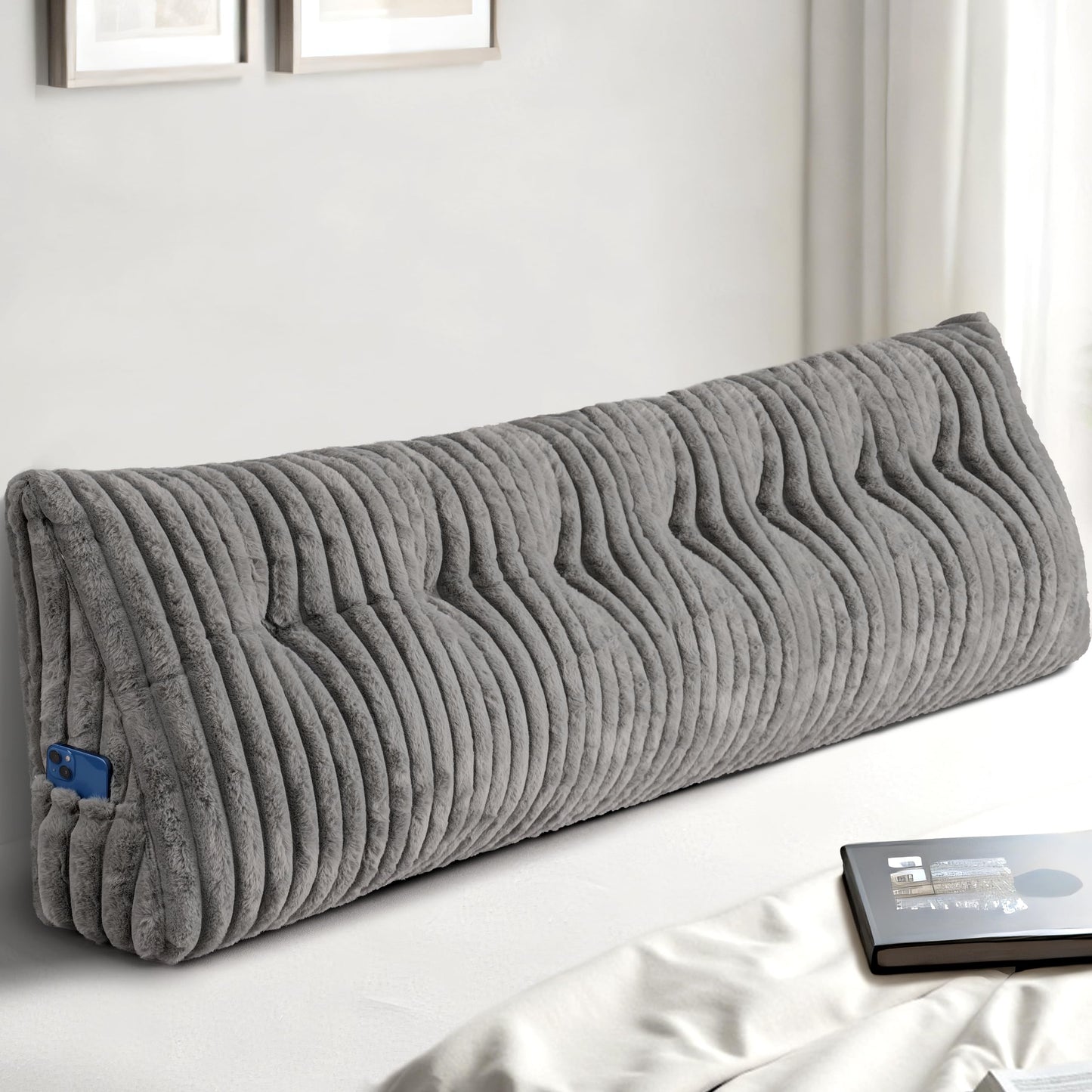 Headboard Pillow Queen, Triangular Wedge Pillow Headboard Queen, Cushion Headboards Reading Pillows, Backrest Pillows for Sitting in Bed or Working with Removable Cover, Grey