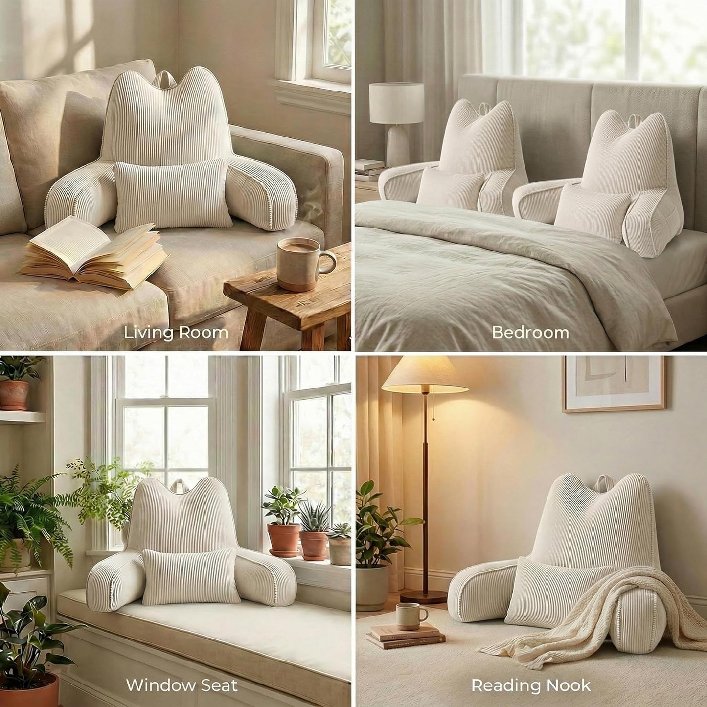 Patented Design Reading Pillow with Arms for Sitting Up, 2-in-1 Bed Rest Pillow with Detachable Lumbar Support, Backrest Support Cushion for Couch with Side Pockets & Handle, Beige Gray