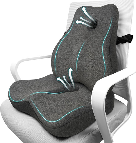 Seat Cushion & Lumbar Support Pillow Set for Office Chair, Ergonomic Pillow for Sciatica Pain Relief, Memory Foam Back Support Pillow & Chair Cushion for Car seat, Desk Chair (Grey)