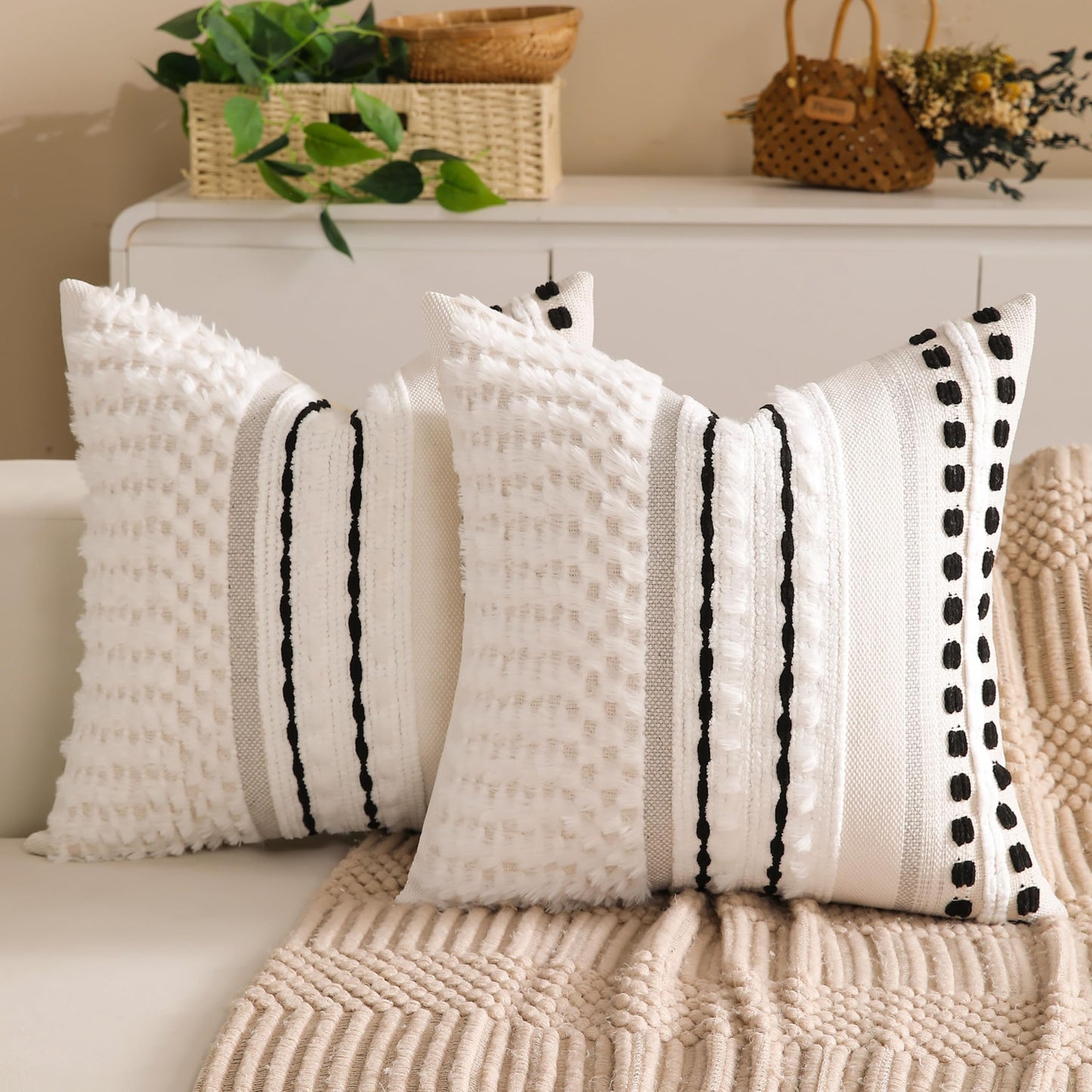 Boho Farmhouse Striped Neutral Decorative Throw Pillow Covers Set of 2