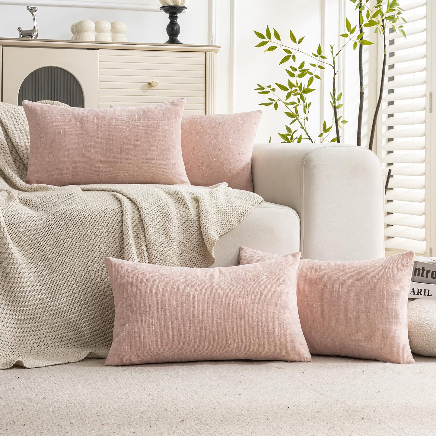 Set of 4 Soft Textured Decorative Throw Pillow Covers 24x24 Inch Cozy Farmhouse Cushion Cover Square Accent Pillow Cases for Bed Couch Sofa Living Room, Neutral
