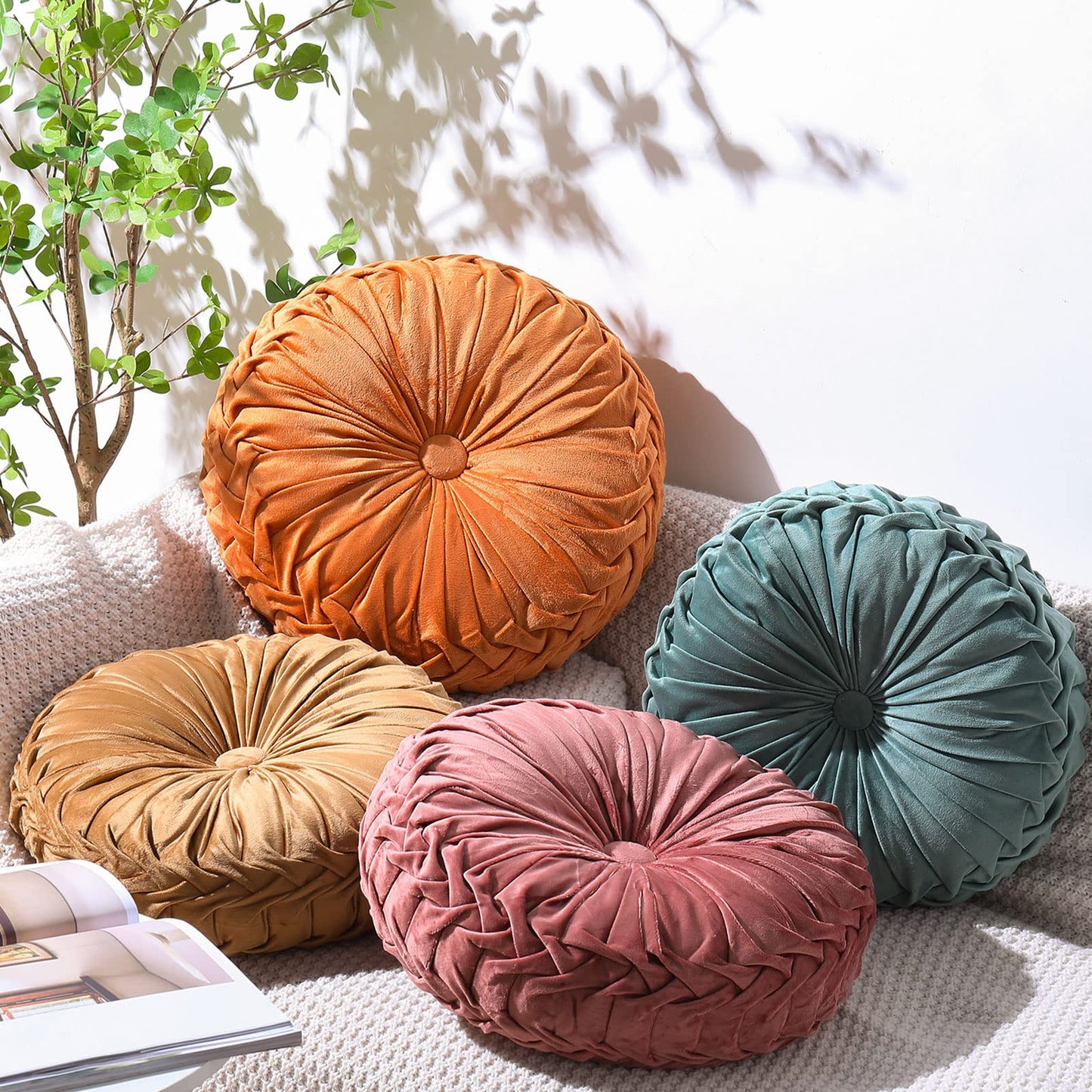 Kathfly Decorative Round Pleated Throw Pillows, Classy Velvet Pumpkin Round Throw Pillows, Decorative Floor Pillow for Bed Chair Home Sofa Decor, 14" Diameter(Orange, Yellow, Pink, Green,4 Pcs)