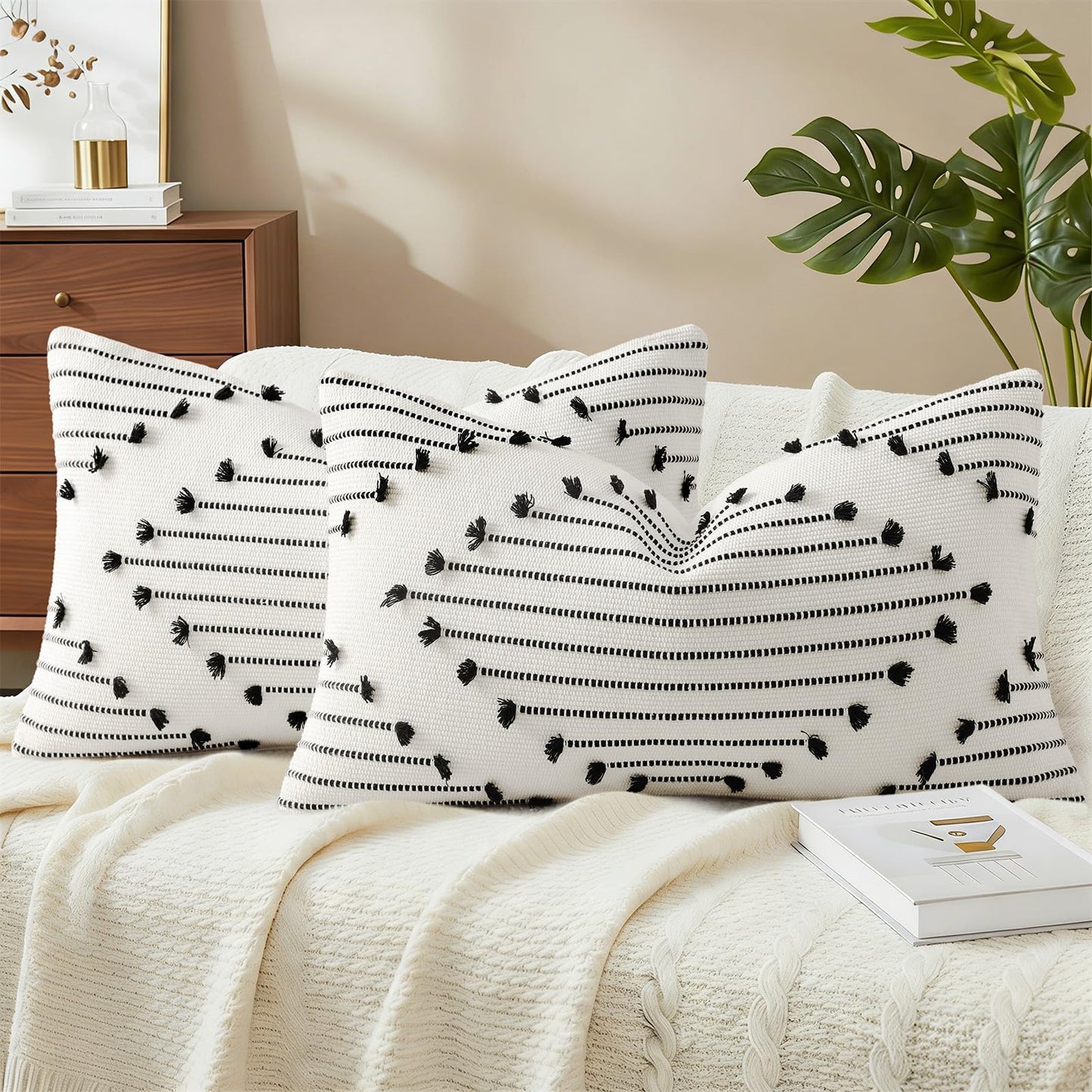 Mecatny Boho Summer Outdoor Throw Pillow Covers 18X18 Set of 2, Farmhouse Decorative Pillow Covers for Couch Sofa Living Room, Navy & Cream White