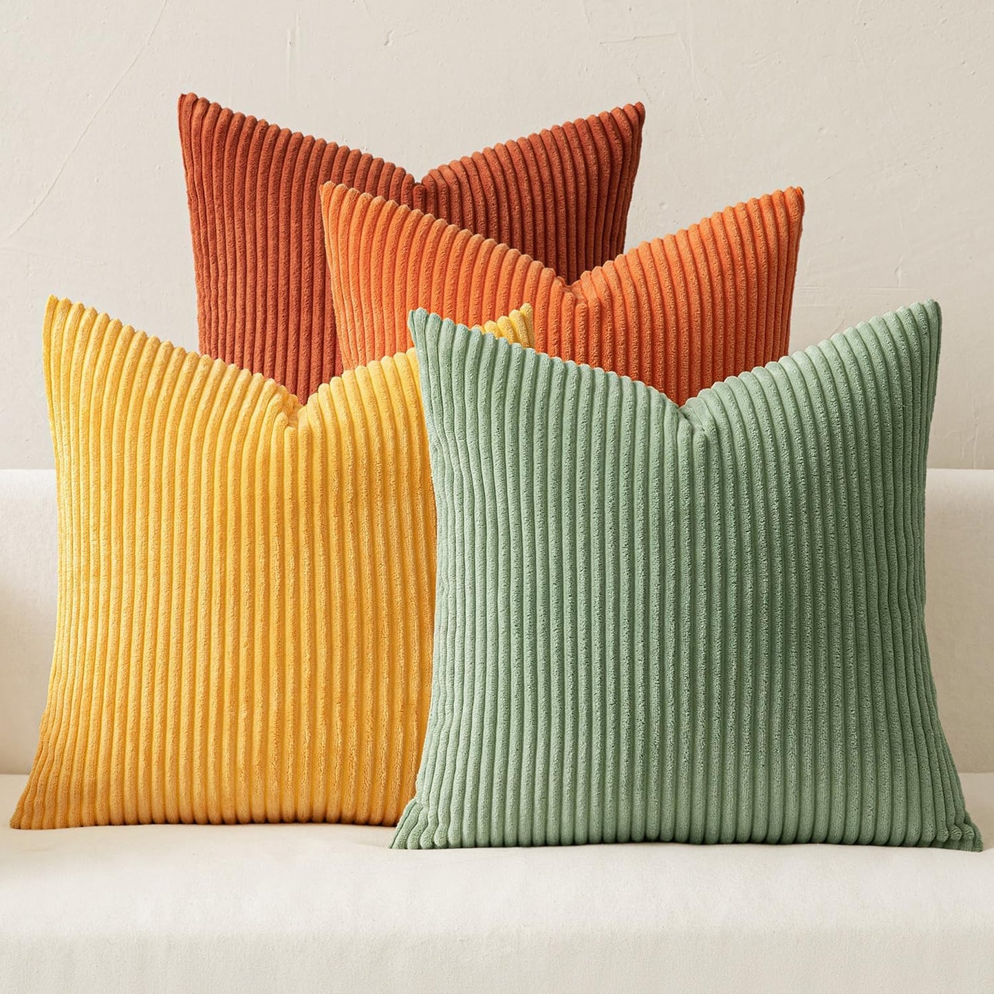 MIULEE Pack of 4 Blue-Orange Corduroy Decorative Throw Pillow Covers 18x18 Inch Soft Boho Striped Pillow Covers Modern Farmhouse Home Decor for Summer Sofa Living Room Couch Bed