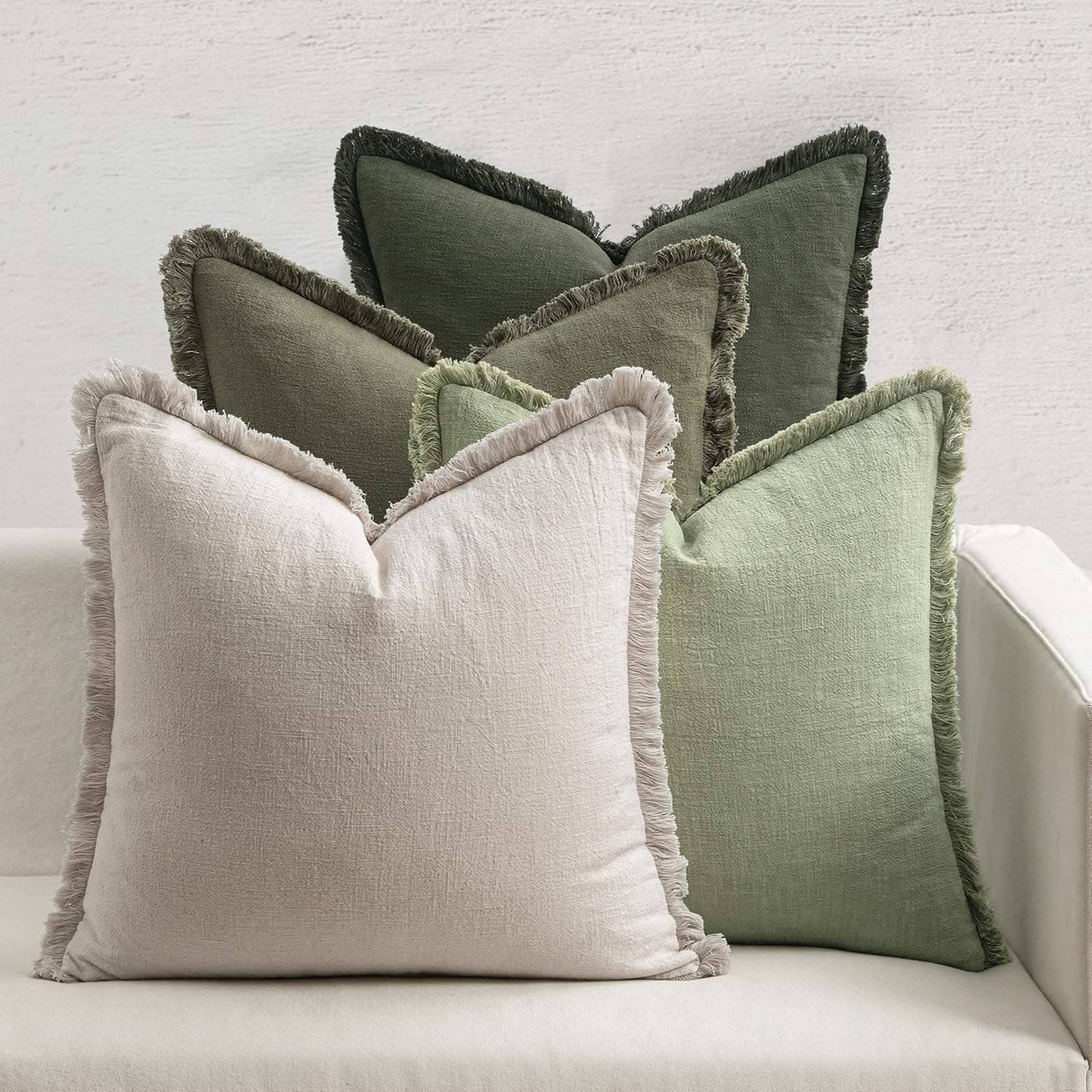 MIULEE Decorative Couch Pillow Covers Neutral Linen Fringe Throw Pillows Set of 4 Soft Rustic Cushions Boho Farmhouse Pillowcases for Bed Sofa Living Room Spring Decor 18x18 Inch Beige/Brown/Green