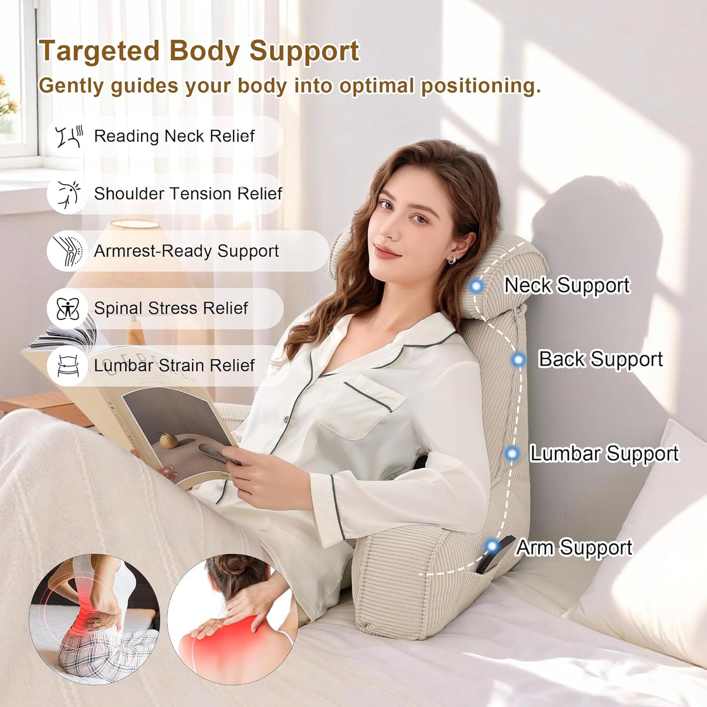 Reading Pillow for Sitting Up in Bed, Corduroy Backrest Pillow with Arms, Side Pocket & Washable Cover, Bed Rest Pillow Back Support for Adults, Beige Gray