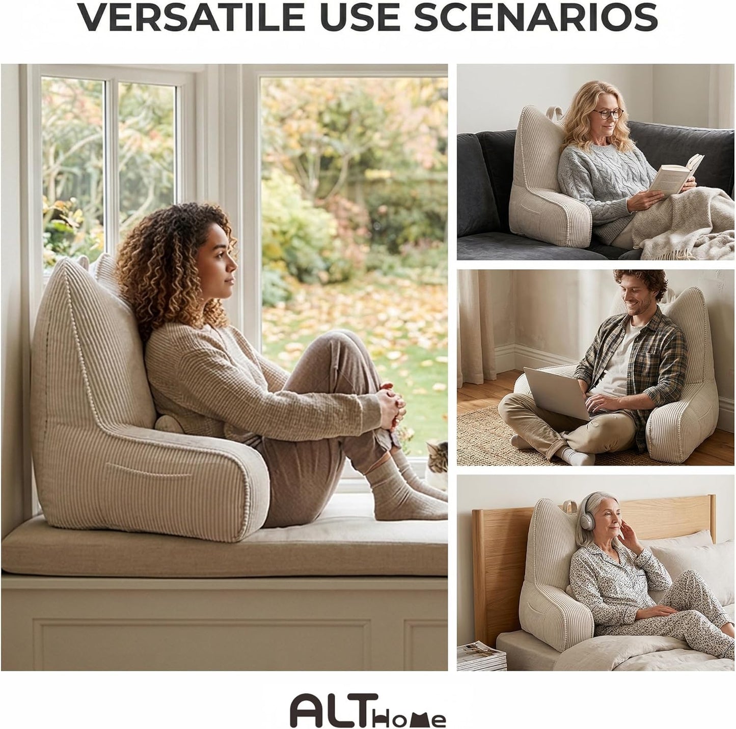 Patented Design Reading Pillow with Arms for Sitting Up, 2-in-1 Bed Rest Pillow with Detachable Lumbar Support, Backrest Support Cushion for Couch with Side Pockets & Handle, Beige Gray