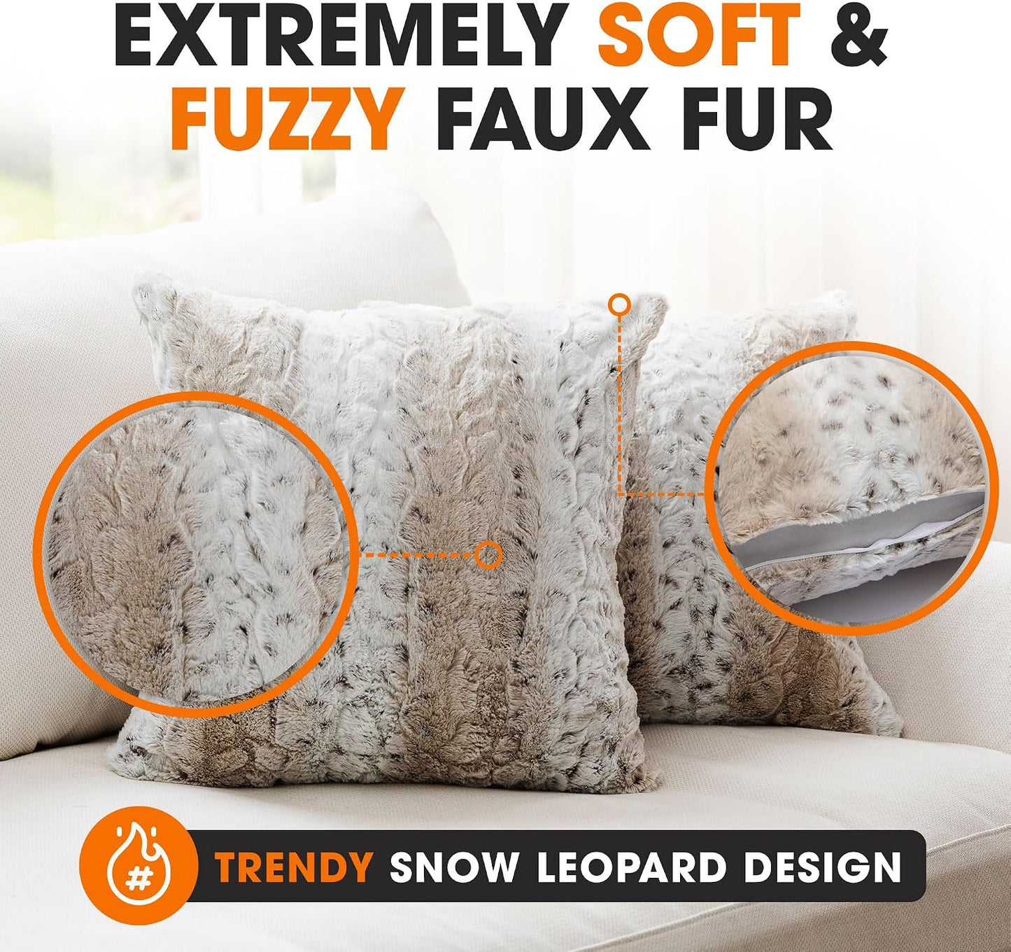 Cheer Collection Faux Fur Throw Pillows with Inserts – Set of 2 Decorative Square Couch Pillows, 18” x 18” Snow Leopard Embossed Ombre Design for Sofa, Bed & Living Room Decor