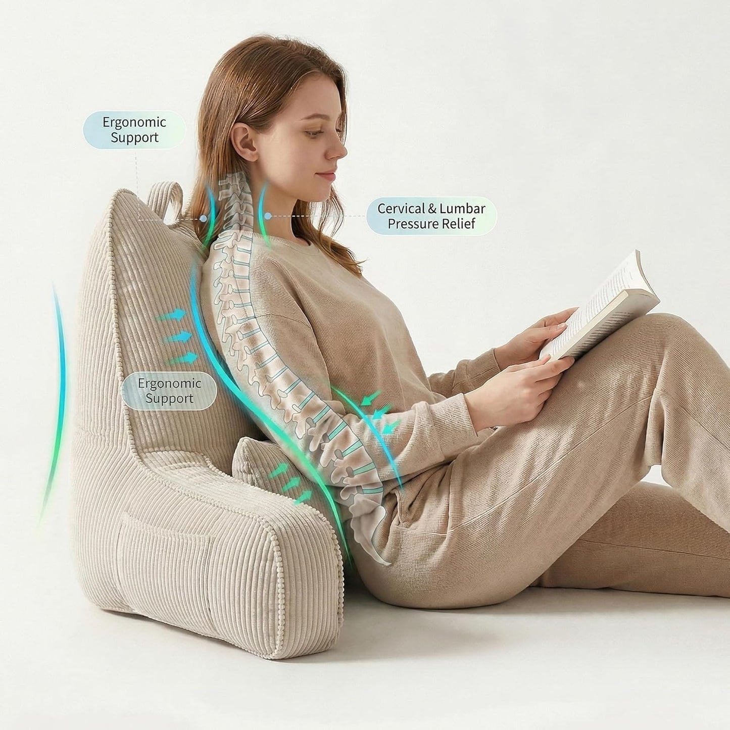 Patented Design Reading Pillow with Arms for Sitting Up, 2-in-1 Bed Rest Pillow with Detachable Lumbar Support, Backrest Support Cushion for Couch with Side Pockets & Handle, Beige Gray