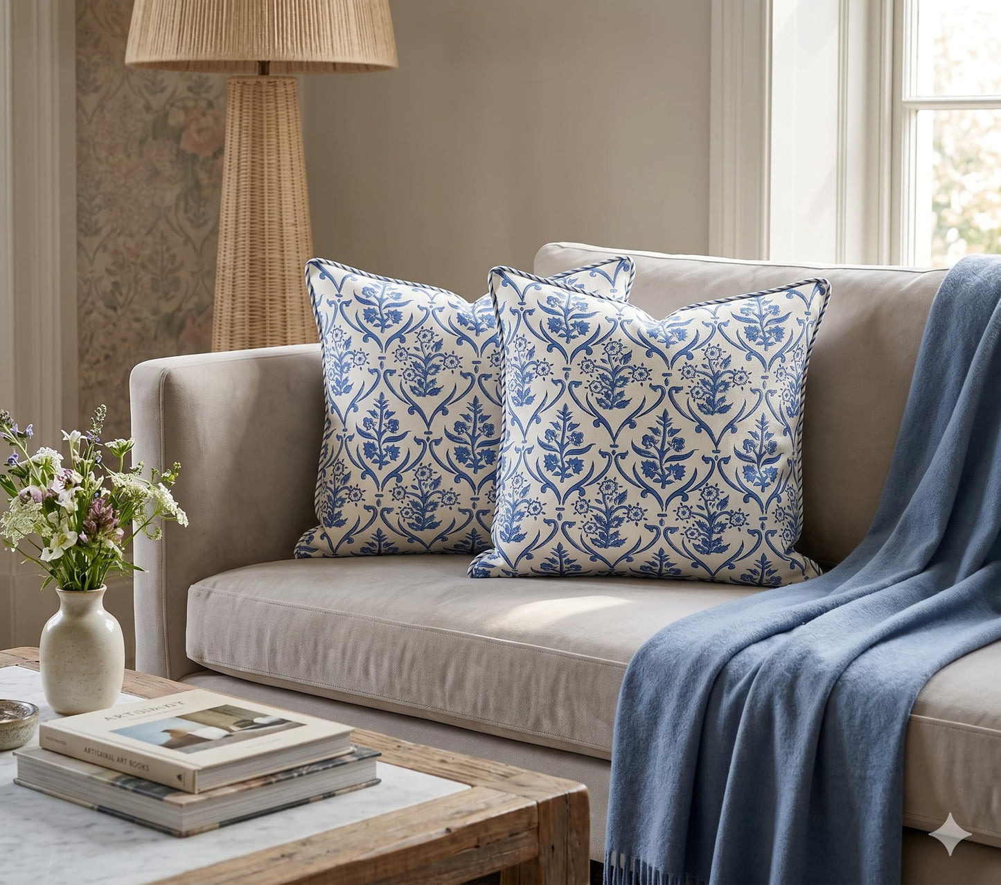 ATOSII Block Print Throw Pillow Cushion Covers, 20 X 20 - Set of 2, Decorative Couch Pillows for Living Room Bed Sofa, 100% Cotton Canvas Pillow Case for Home Decor & Outdoors - Clover Blue