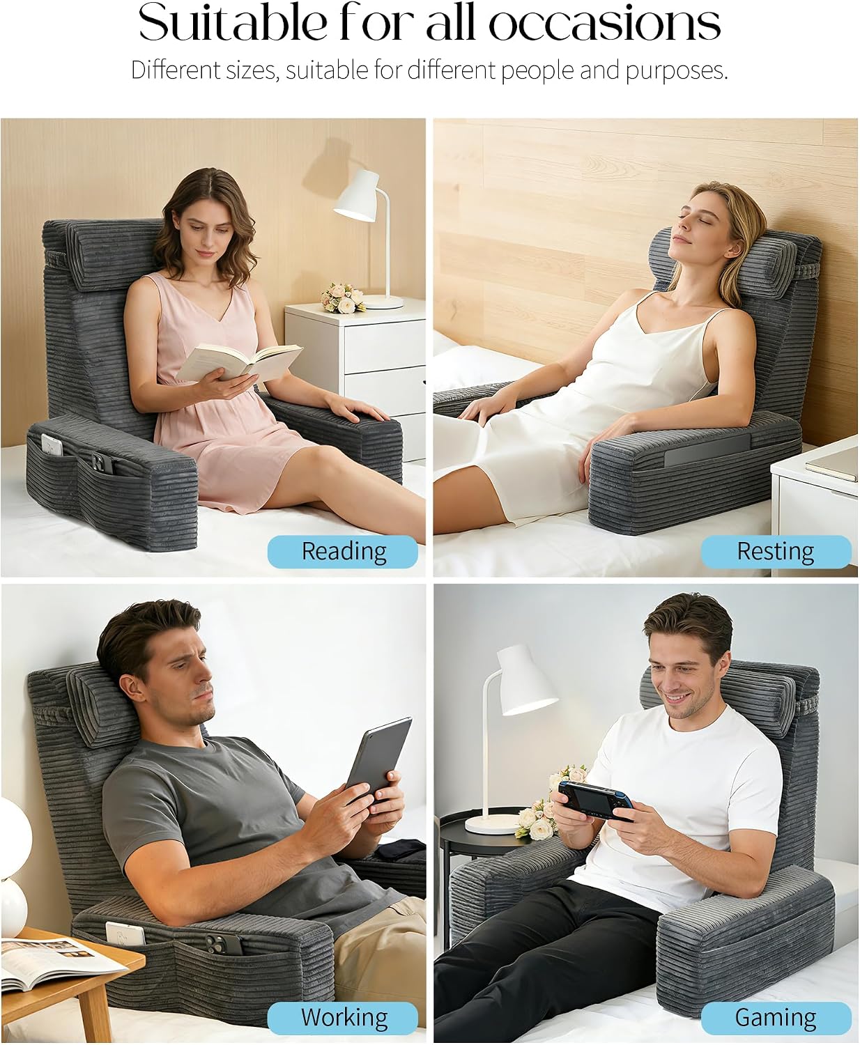 Seniny Reading Pillow for Bed Adult - 24" Back Support Pillow for Sitting Up Rest, Husband Bed Chair and Backrest Pillow with Arms, Lounge Sit Up Pillows for Dorm, Corner, Couch, Study, Watching TV