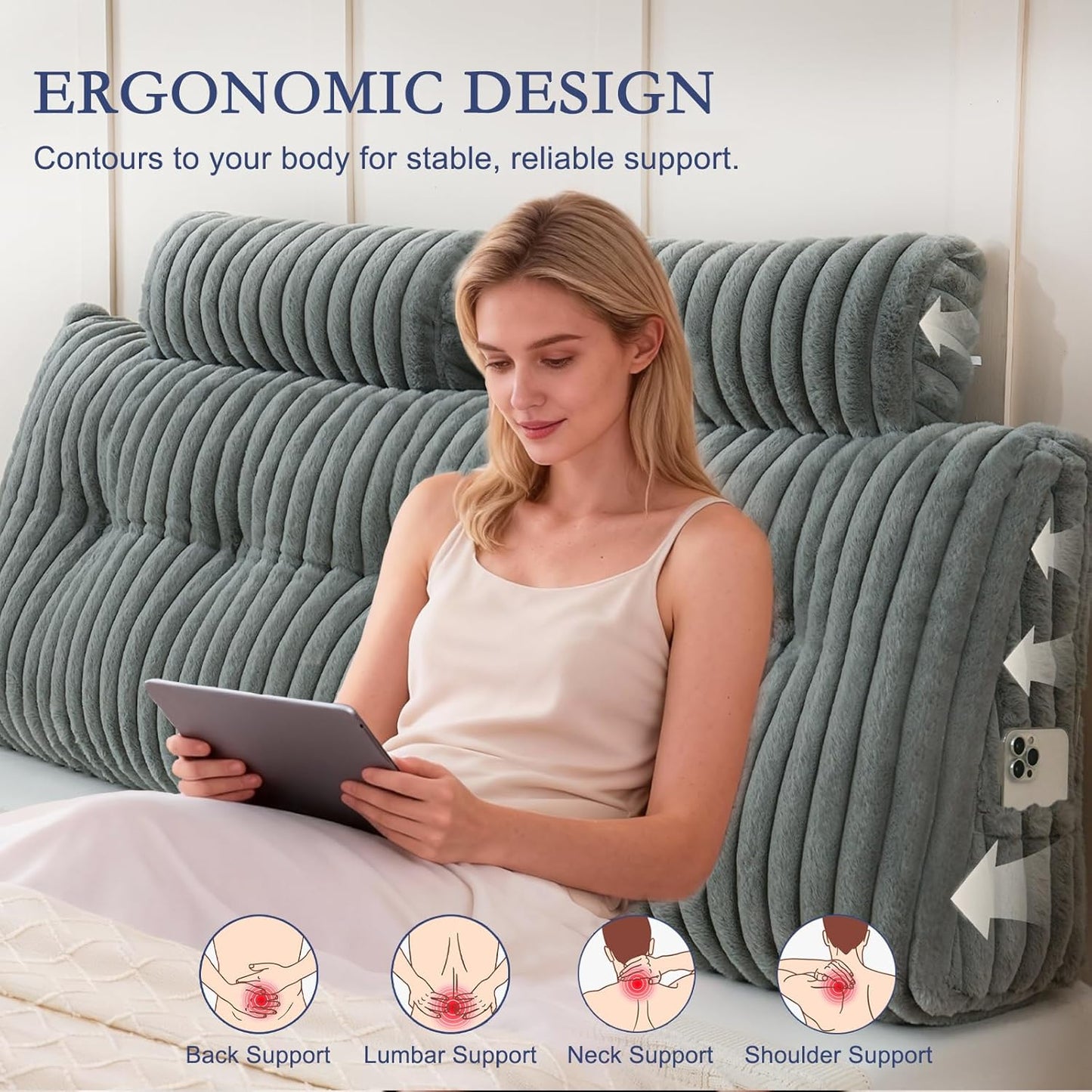 YOUR MOON Large Wedge Headboard Pillow Queen for Back with 2 Roll Pillows,Triangular Wedge Reading Pillows Headboard for Bed Sitting Up Sleeping, Backrest Cushion with Shredded Memory Foam, Gray