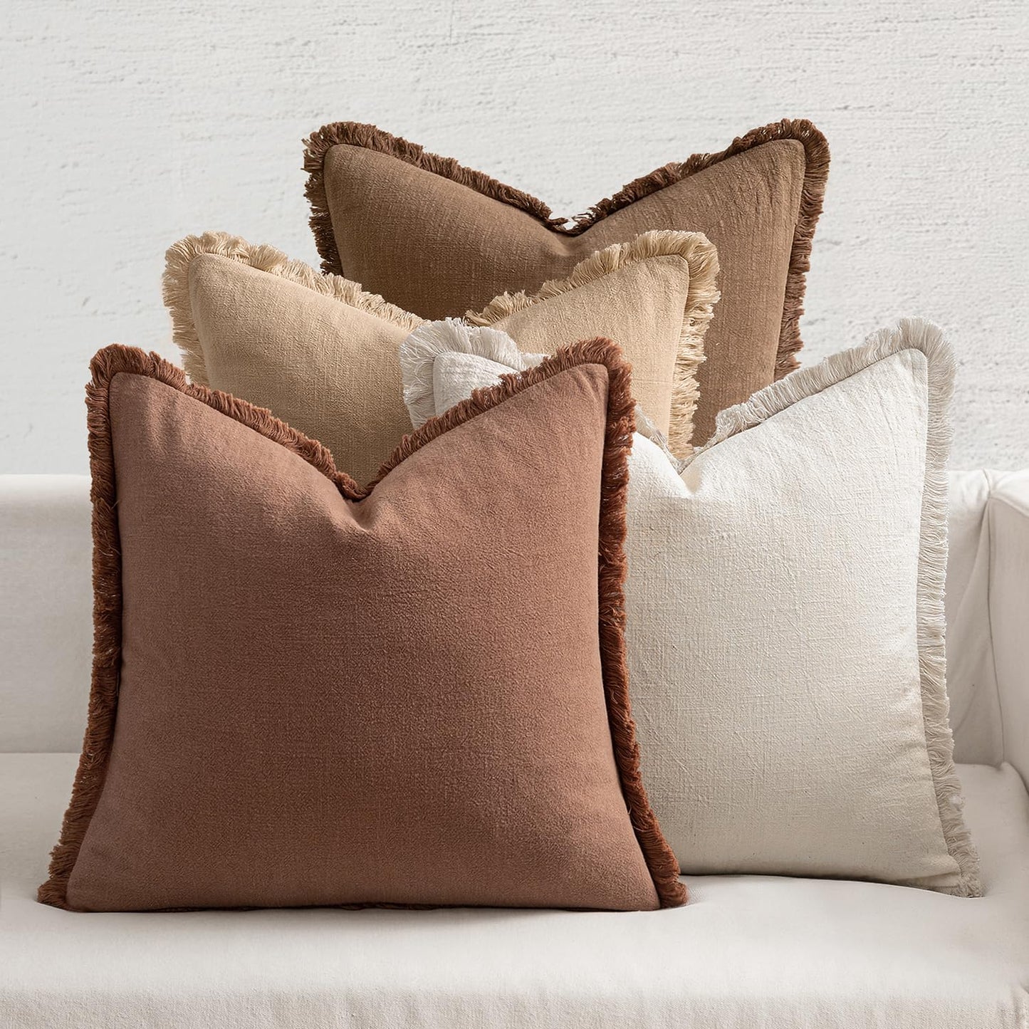 MIULEE Decorative Couch Pillow Covers Neutral Linen Fringe Throw Pillows Set of 4 Soft Rustic Cushions Boho Farmhouse Pillowcases for Bed Sofa Living Room Spring Decor 18x18 Inch Beige/Brown/Green