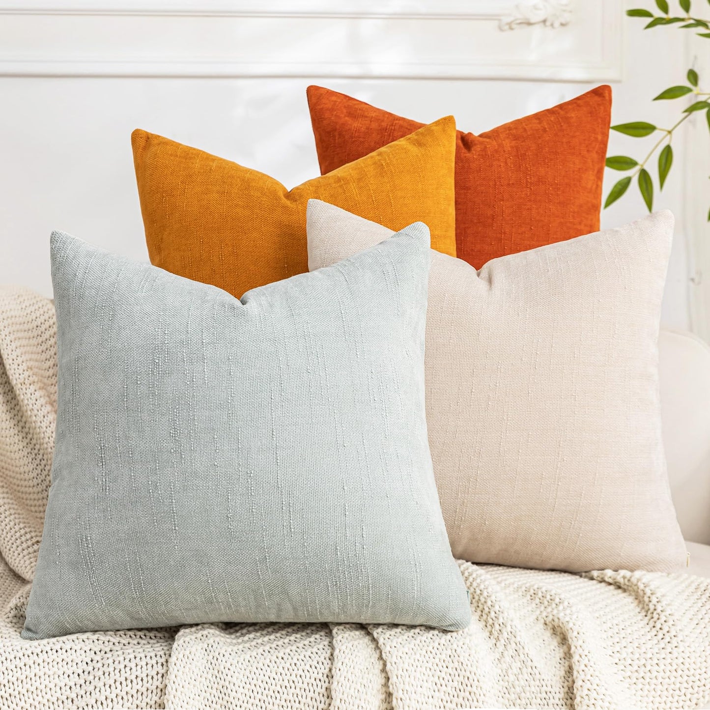 Set of 4 Soft Textured Decorative Throw Pillow Covers 24x24 Inch Cozy Farmhouse Cushion Cover Square Accent Pillow Cases for Bed Couch Sofa Living Room, Neutral