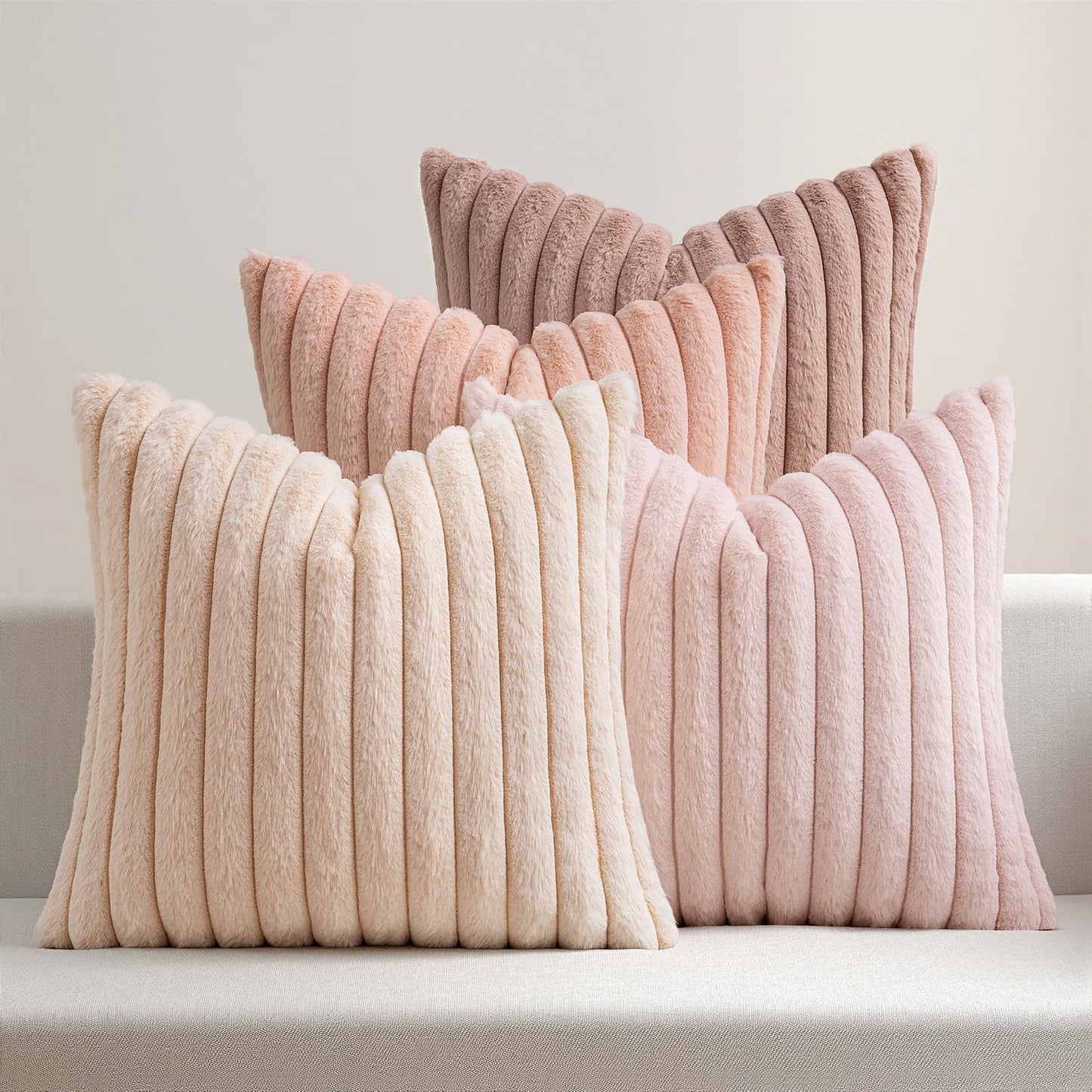 MIULEE Faux Fur Plush Decorative Throw Pillow Covers 18x18 Set of 4, Valentine's Day Cute Modern Soft Romantic Fuzzy Striped Cushion Covers for Sofa Couch Bed Living Room Cozy Home Decor,Pink