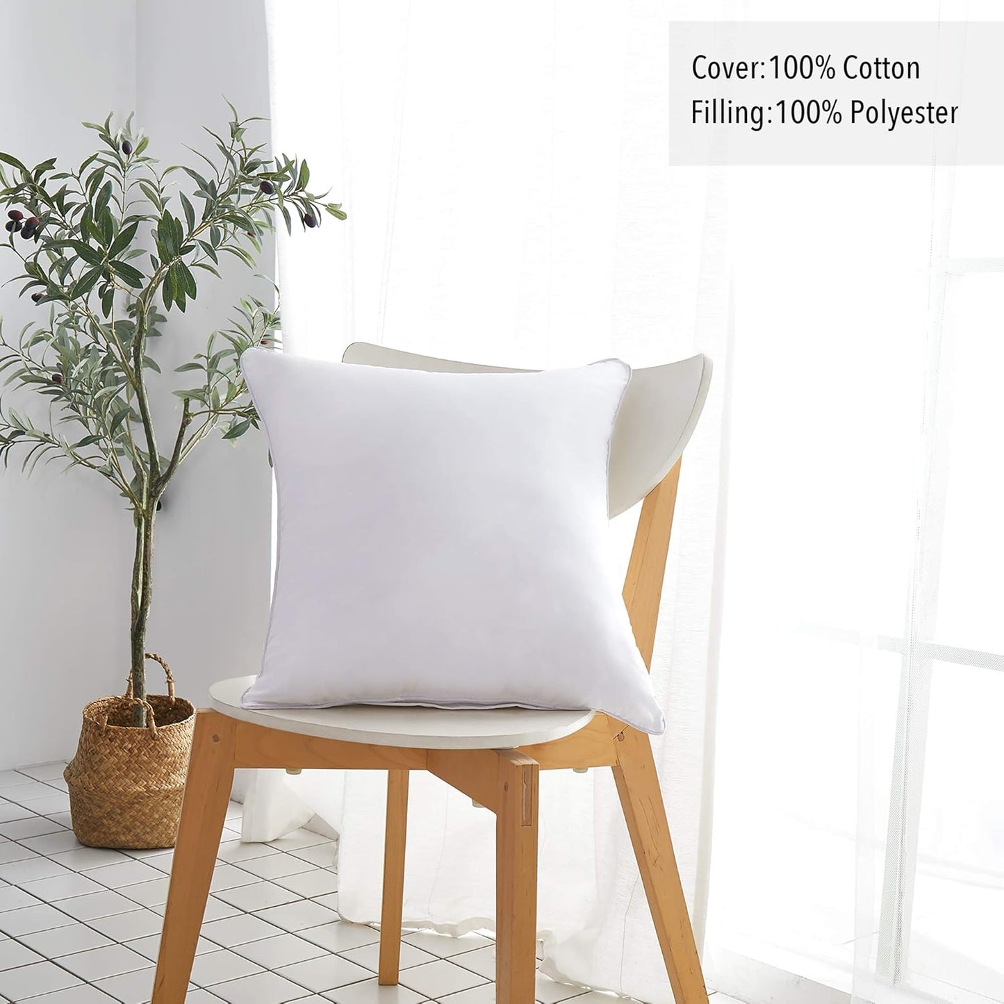 Oubonun 18"x18" Pillow Inserts (Set of 4) - 100% Cotton Cover, Square Throw Pillow Inserts for Couch, Sofa, Bed - Decorative 18 Inch White Pillow Inserts