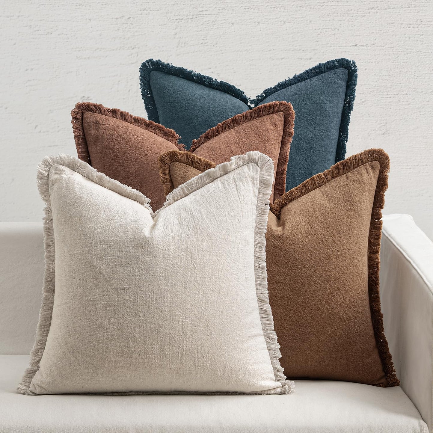 MIULEE Decorative Couch Pillow Covers Neutral Linen Fringe Throw Pillows Set of 4 Soft Rustic Cushions Boho Farmhouse Pillowcases for Bed Sofa Living Room Spring Decor 18x18 Inch Beige/Brown/Green