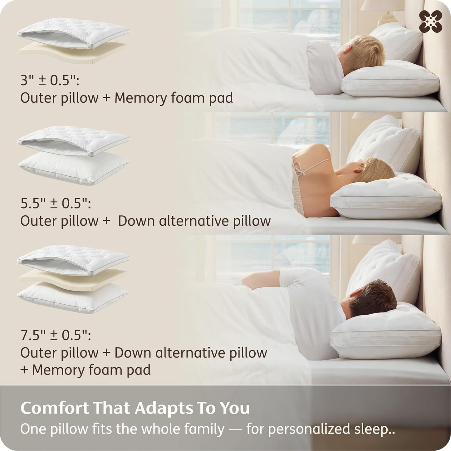 Bedsure 3-in-1 Adjustable Pillow King Size for Back Stomach Side Sleepers, 3/5.5/7 Inches Custom Height, CertiPUR-US Memory Foam & Down Alternative Fill, 100% Cotton Cover, PureWoven, 33"x17", 1 Pack